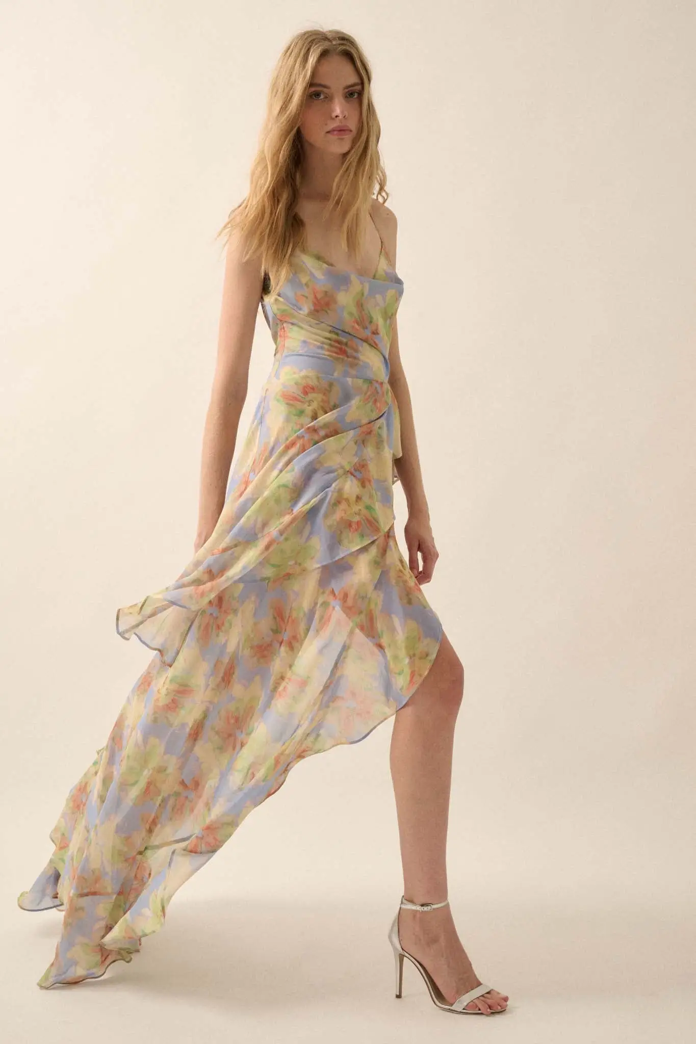 Fairy Garden Draped Floral Chiffon Maxi Dress - Image 4
