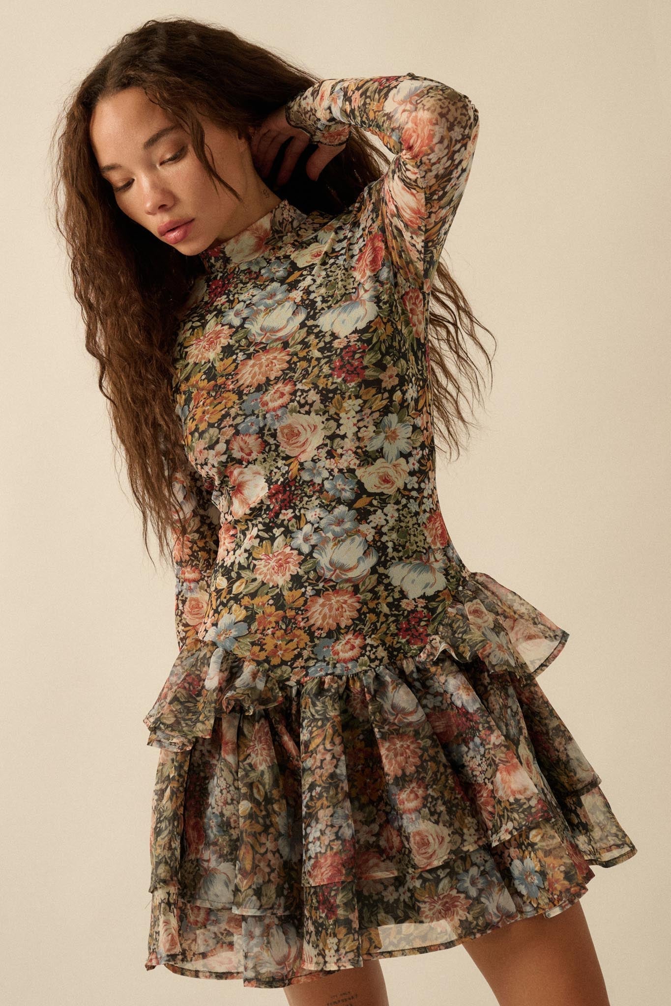 Fall Fantasia Floral Mesh and Organza Mini Dress - Image 4