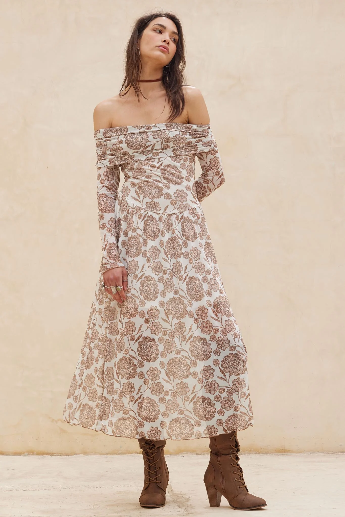 Fallen Flowers Floral Mesh Off-Shoulder Midi Dress - Image 4