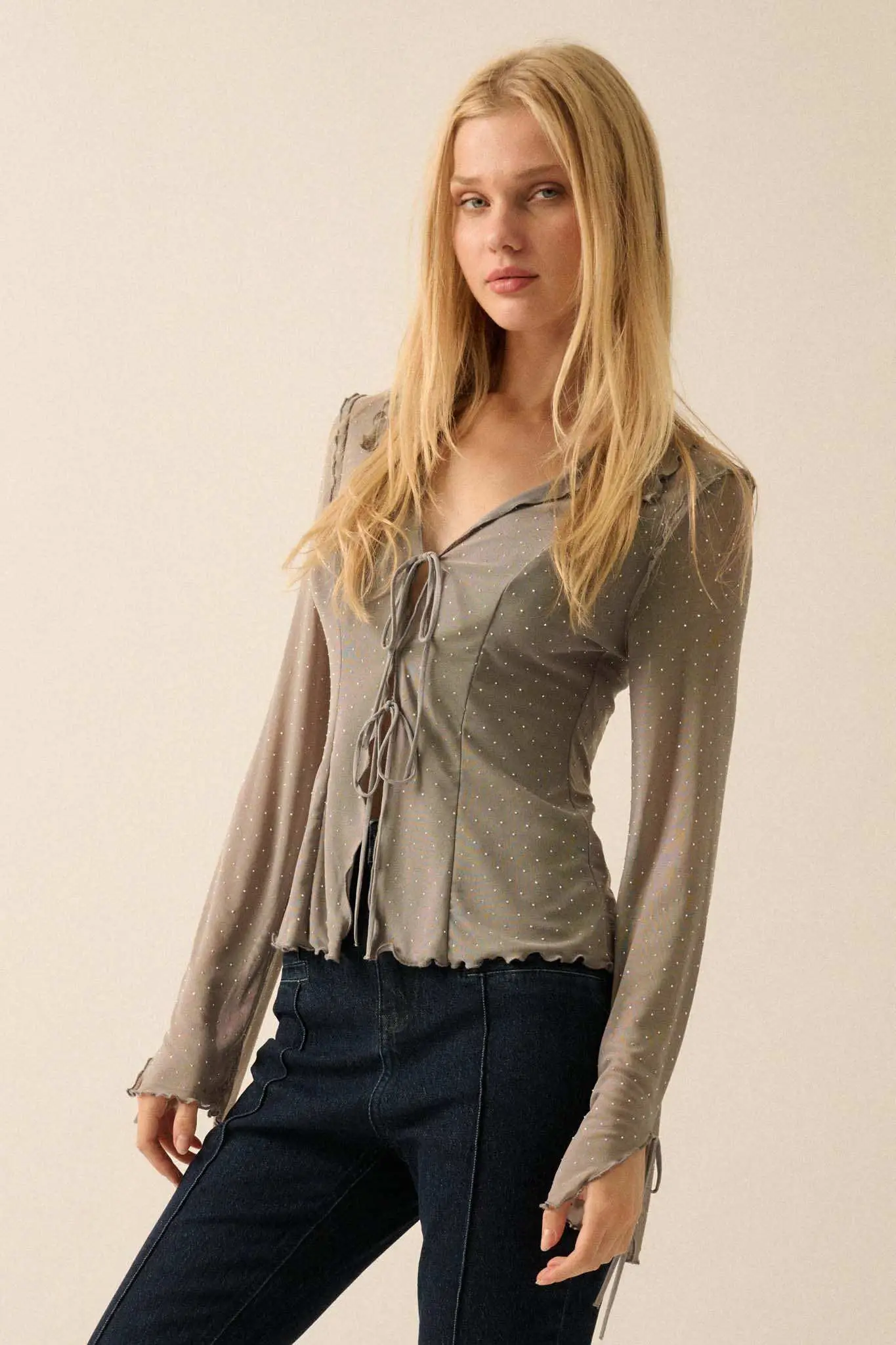 Falling Stars Studded Mesh Tie-Front Top - Image 11