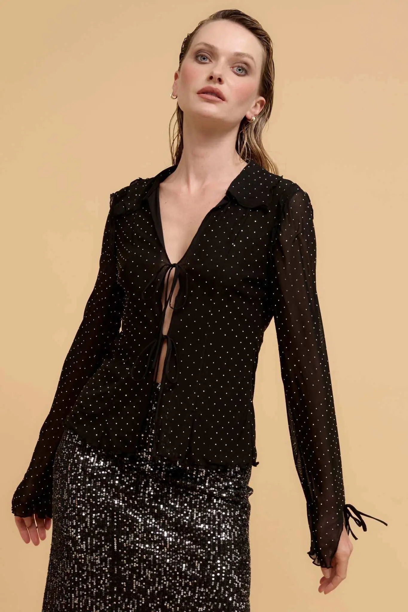 Falling Stars Studded Mesh Tie-Front Top - Image 2