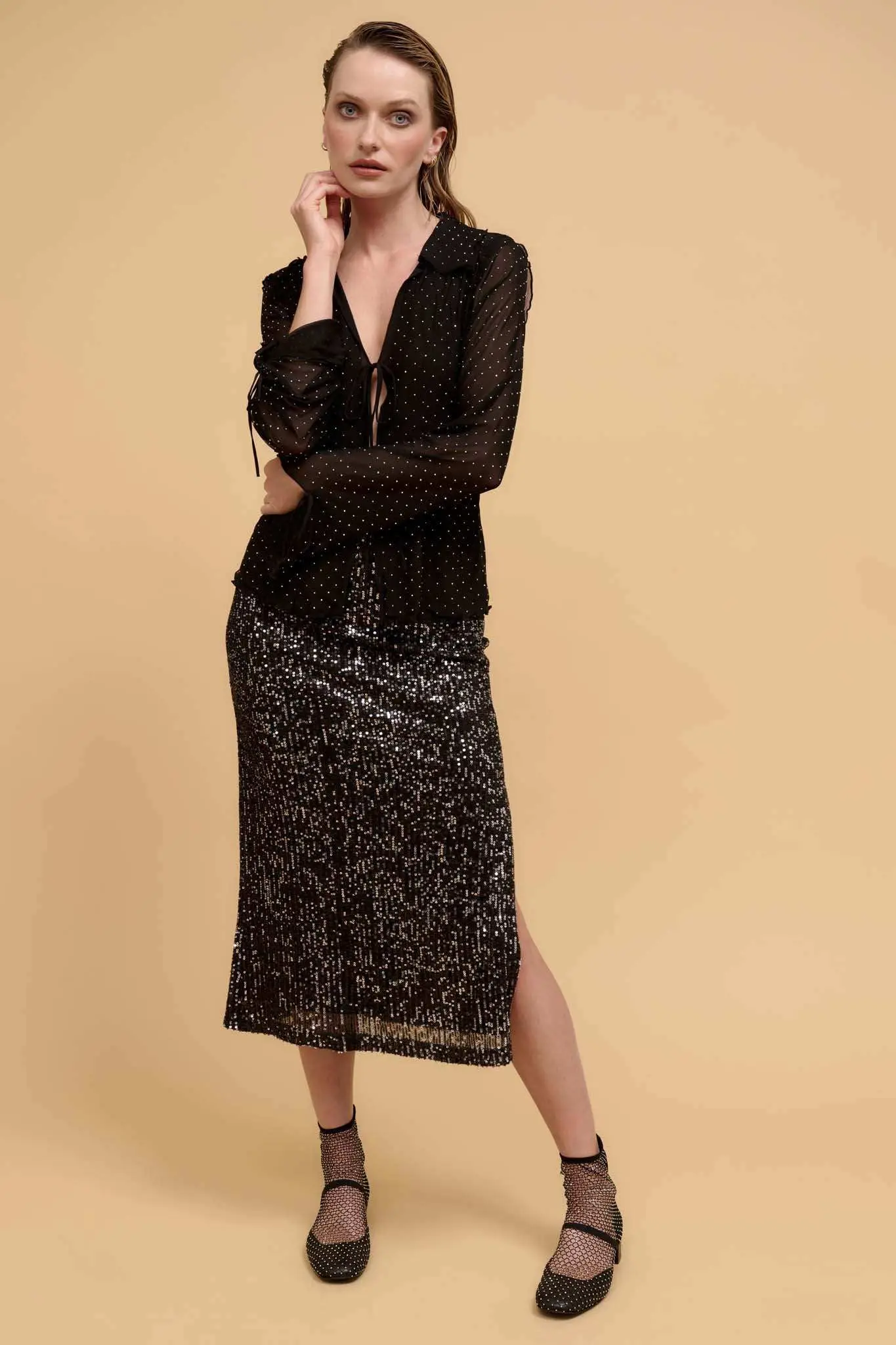 Falling Stars Studded Mesh Tie-Front Top - Image 4