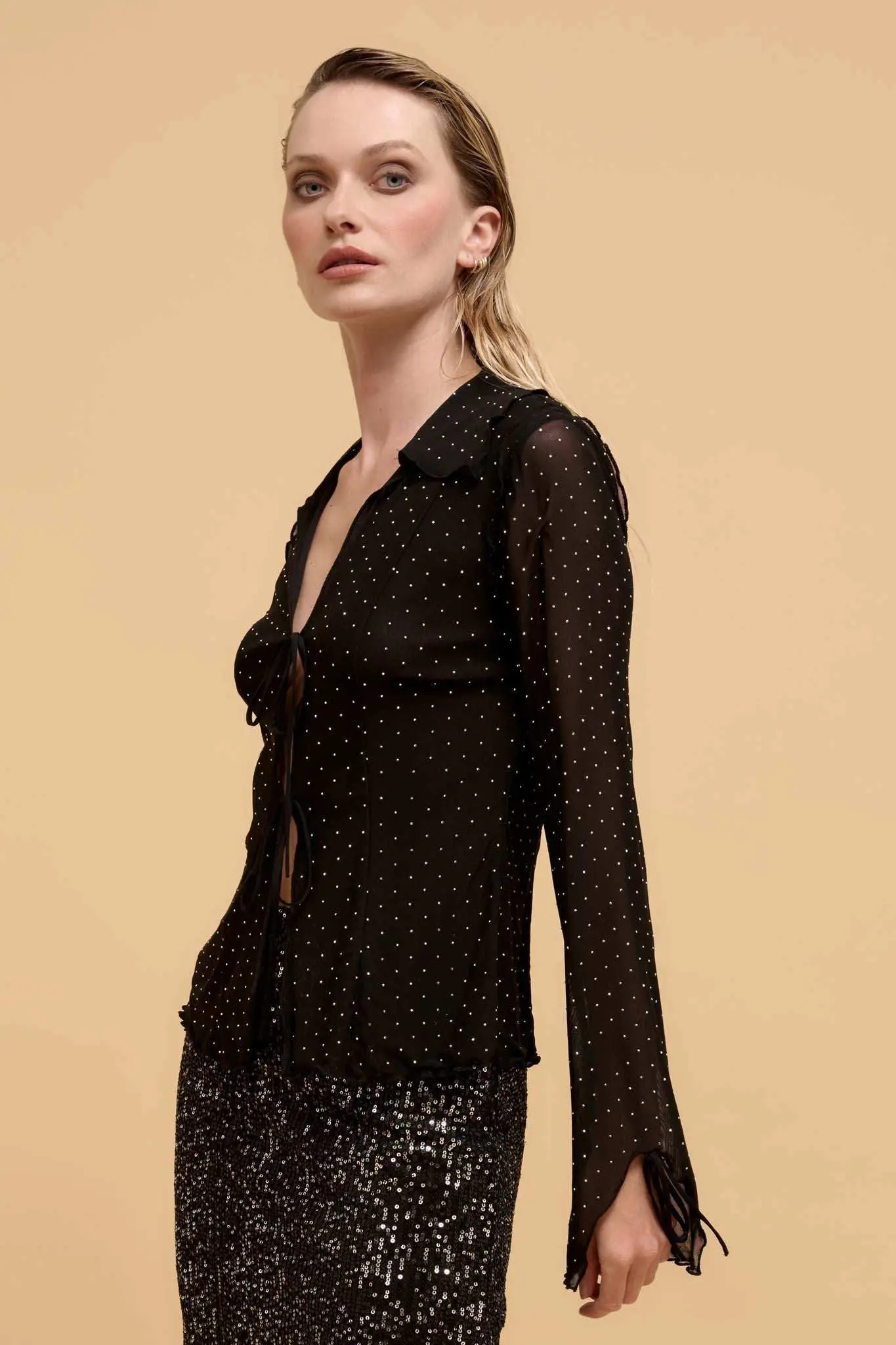 Falling Stars Studded Mesh Tie-Front Top - Image 5