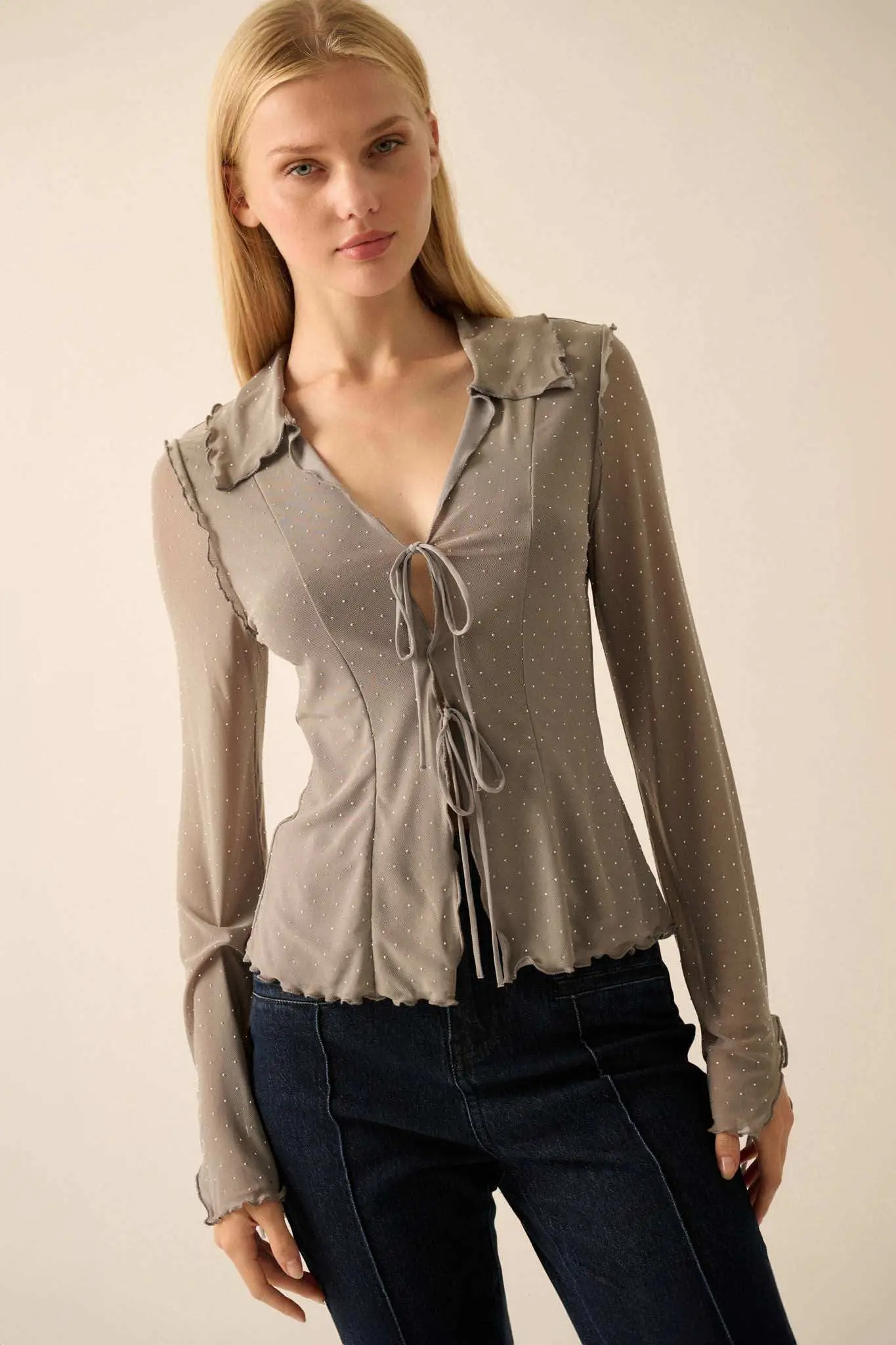 Falling Stars Studded Mesh Tie-Front Top - Image 7