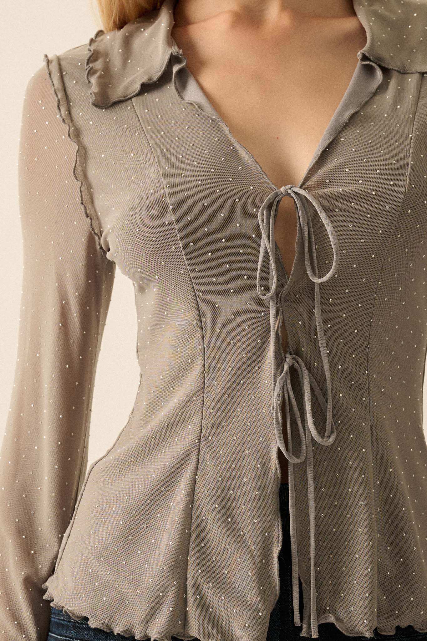 Falling Stars Studded Mesh Tie-Front Top - Image 8