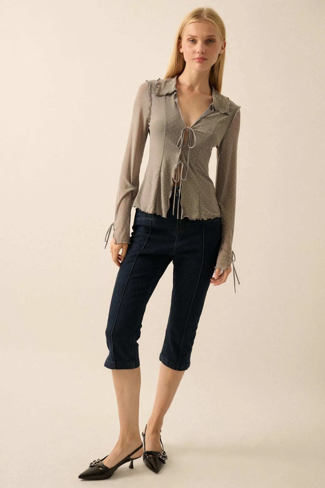 Falling Stars Studded Mesh Tie-Front Top - Image 9
