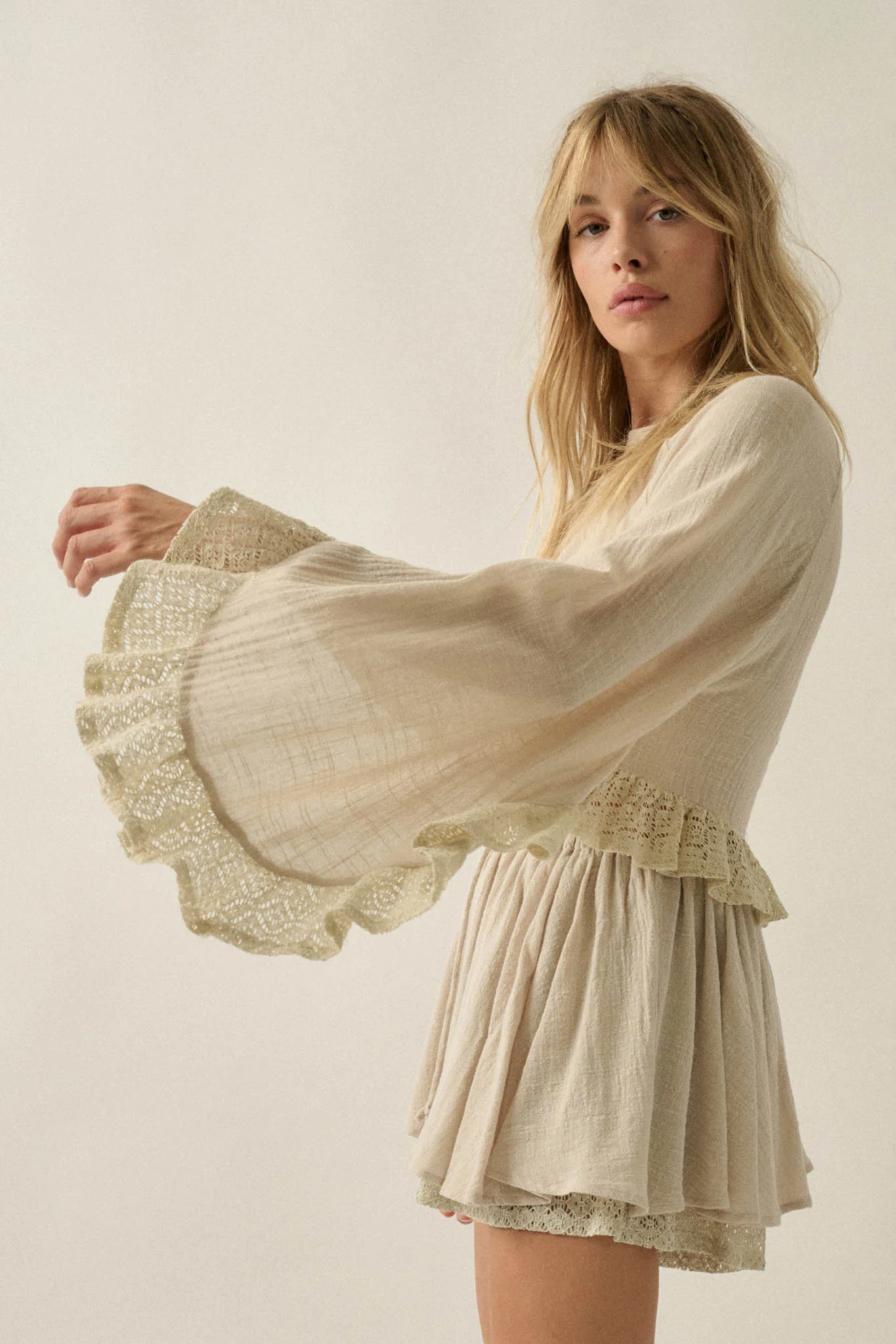Fancy Free Cotton Gauze and Lace Angel-Sleeve Top - Image 10