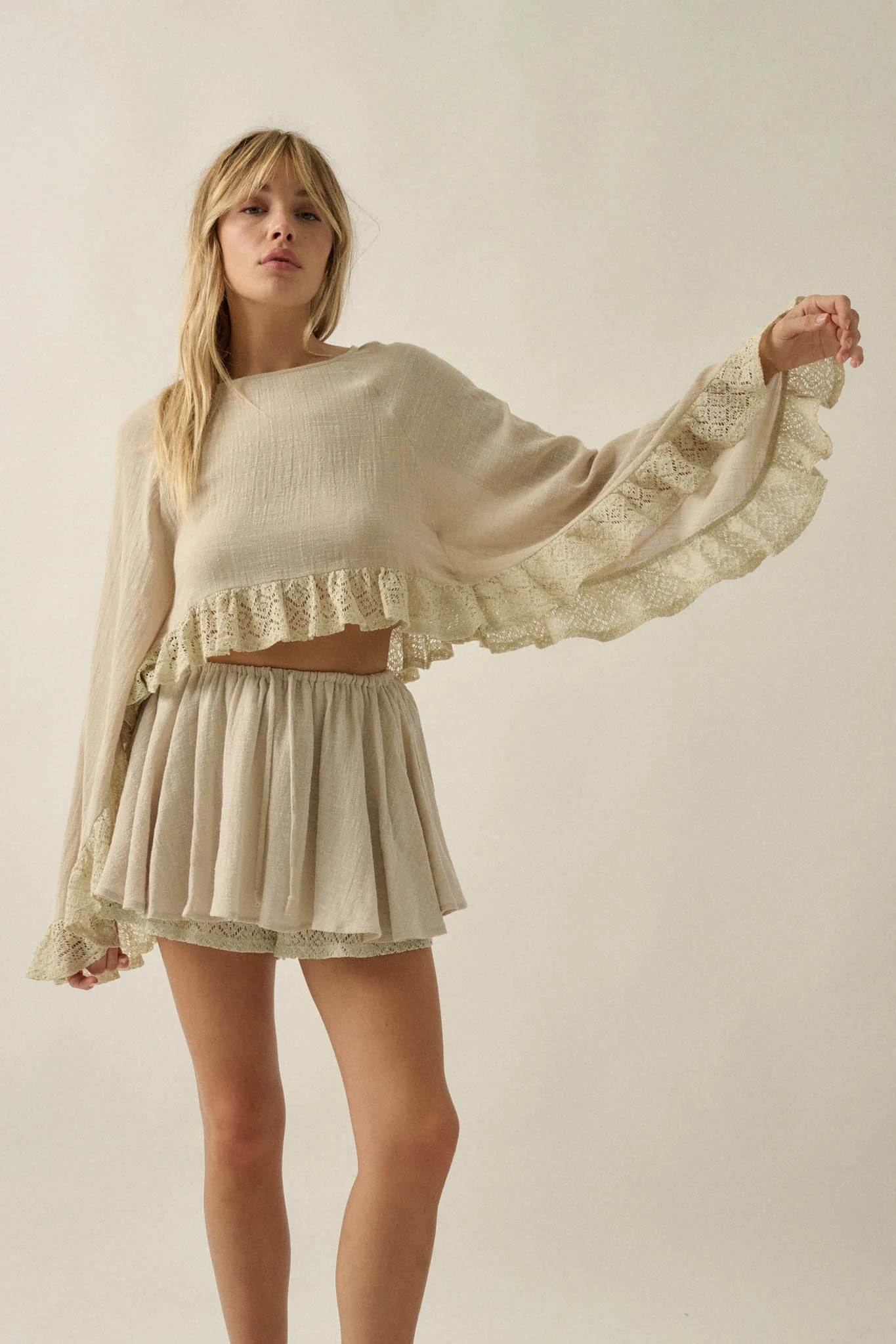 Fancy Free Cotton Gauze and Lace Angel-Sleeve Top - Image 11