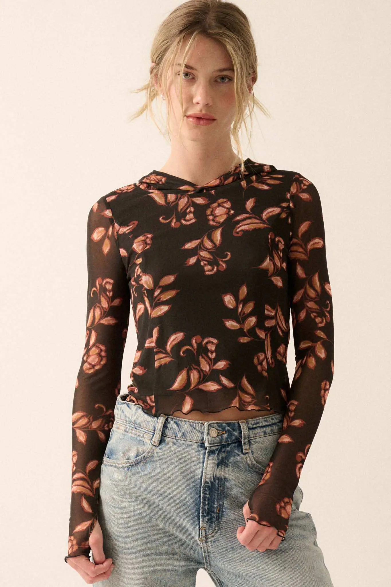 Fantastic Fall Floral Mesh Hooded Thumbhole Top - Image 4