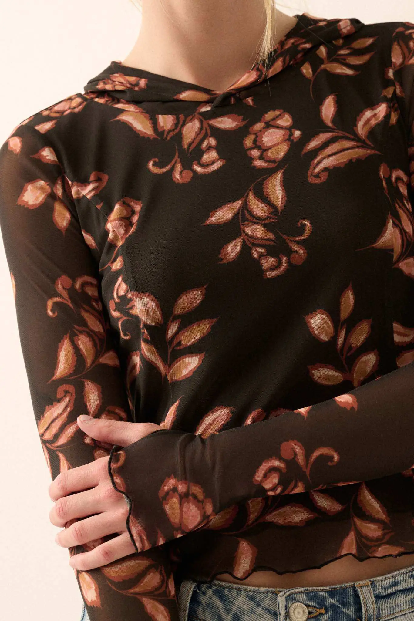 Fantastic Fall Floral Mesh Hooded Thumbhole Top - Image 5