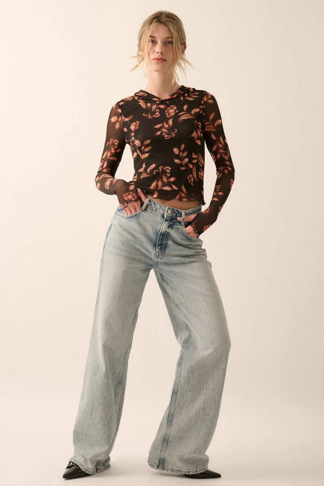 Fantastic Fall Floral Mesh Hooded Thumbhole Top - Image 6