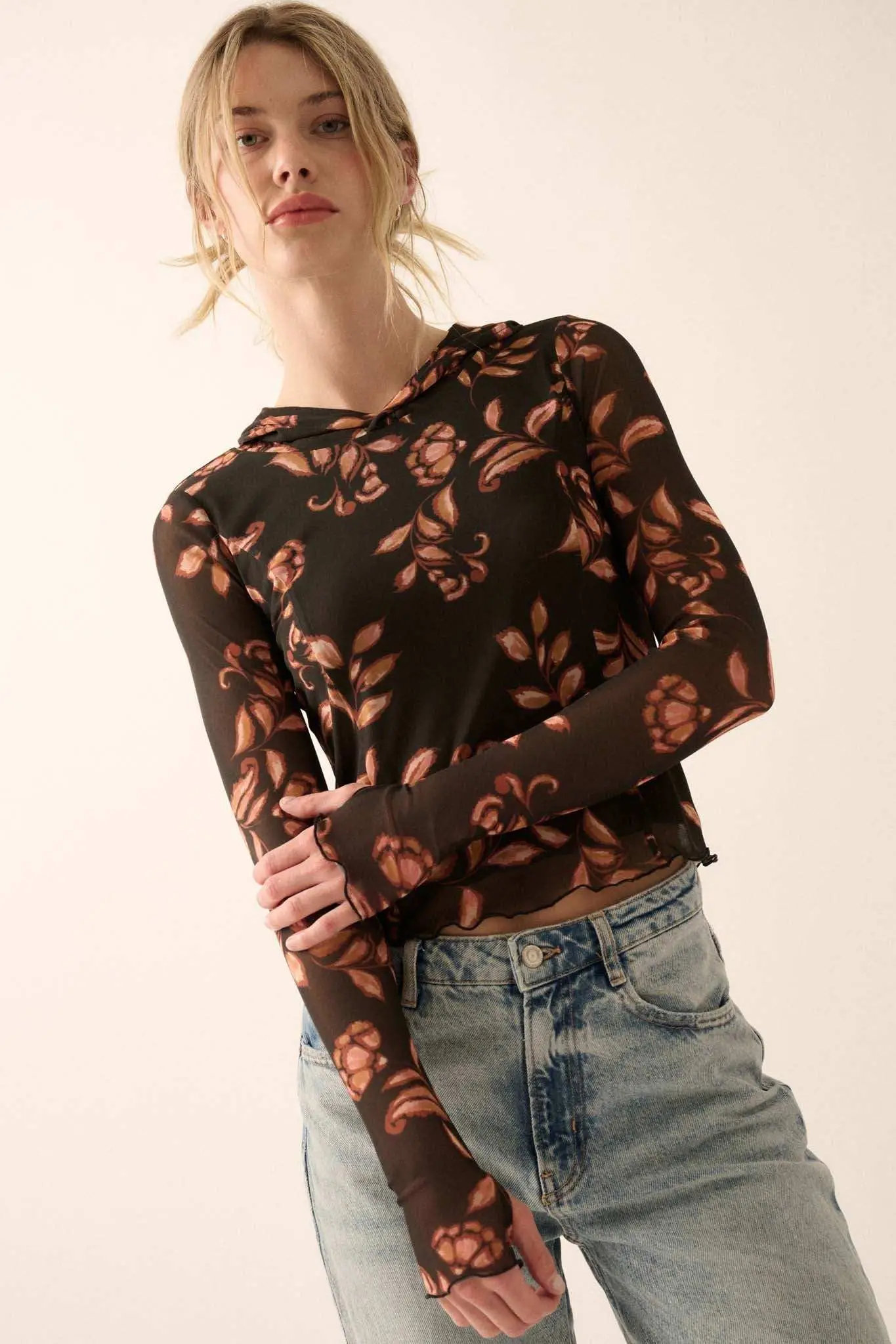 Fantastic Fall Floral Mesh Hooded Thumbhole Top - Image 7