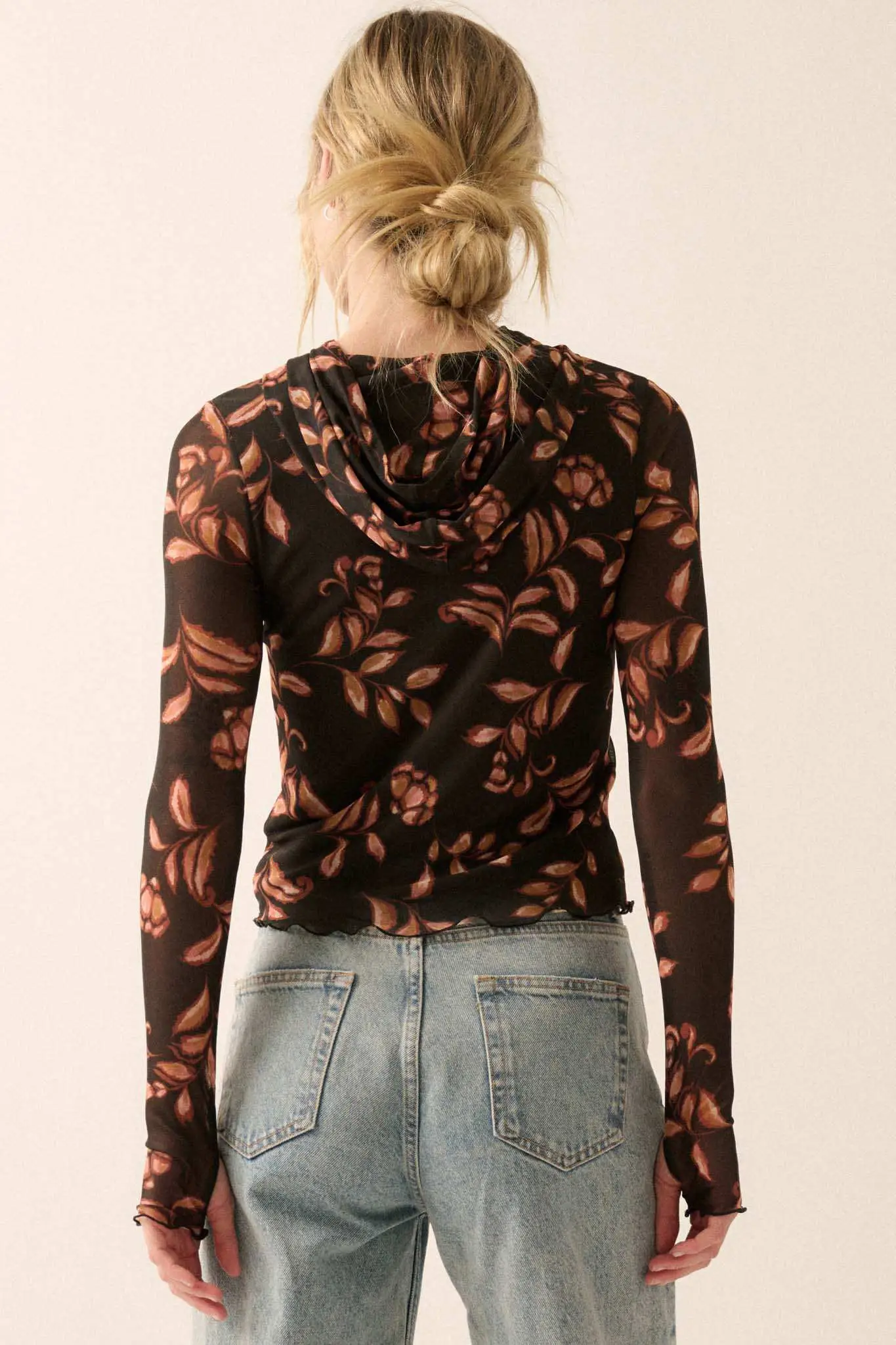 Fantastic Fall Floral Mesh Hooded Thumbhole Top - Image 9