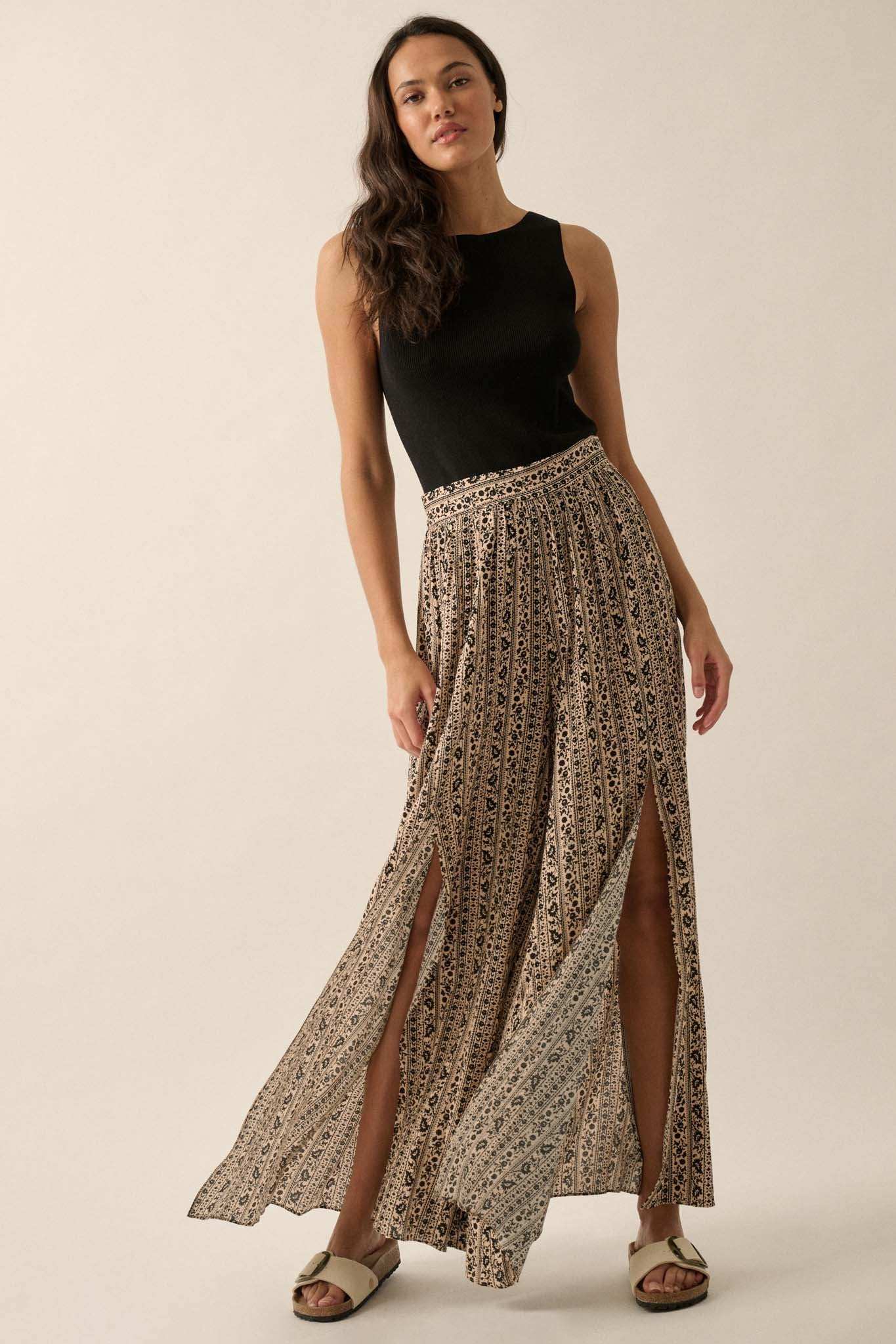 Far Beyond Floral-Stripe Split Wide-Leg Pants - Image 3