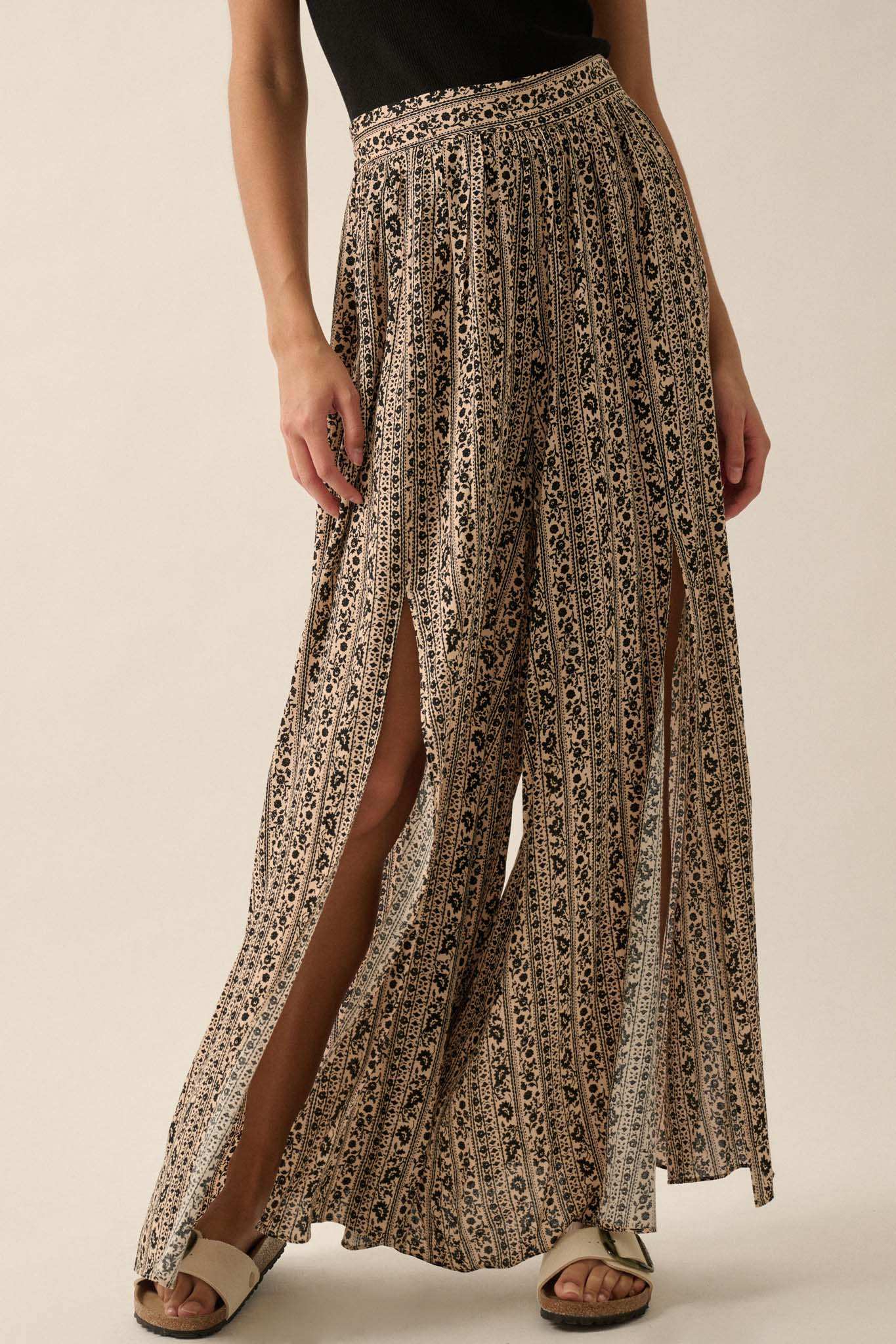 Far Beyond Floral-Stripe Split Wide-Leg Pants - Image 4