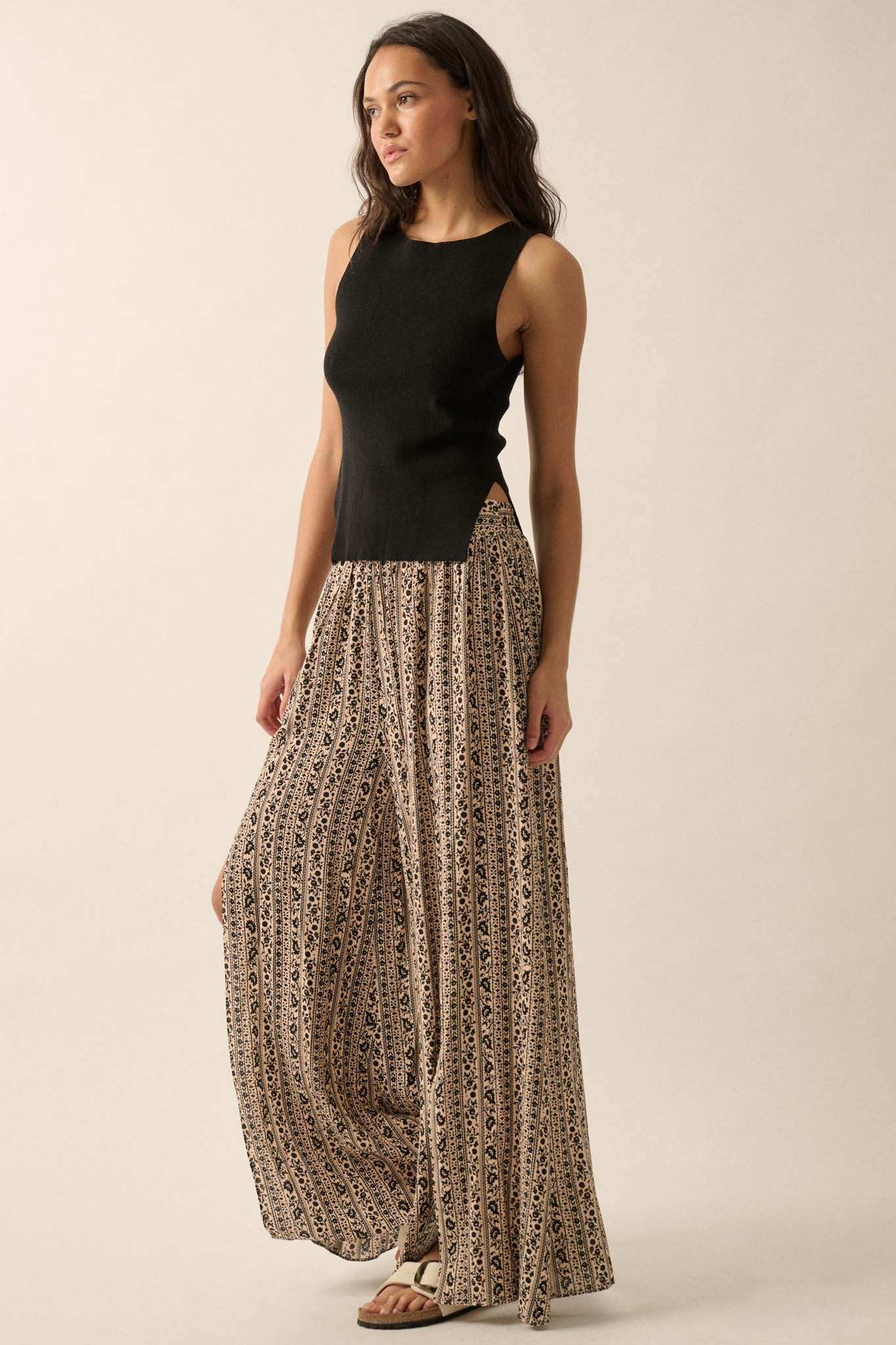 Far Beyond Floral-Stripe Split Wide-Leg Pants - Image 7
