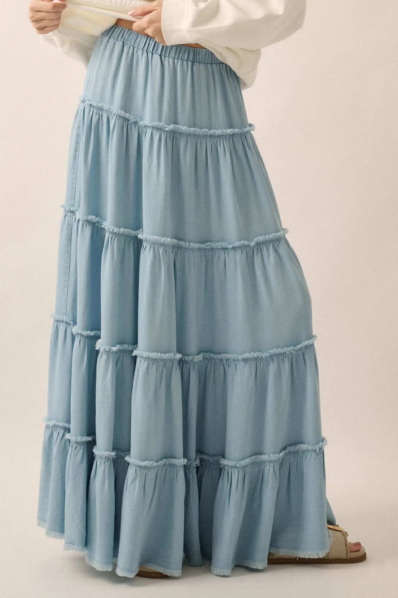 Feeling Blue Denim Raw-Edge Tiered Maxi Skirt - Image 2