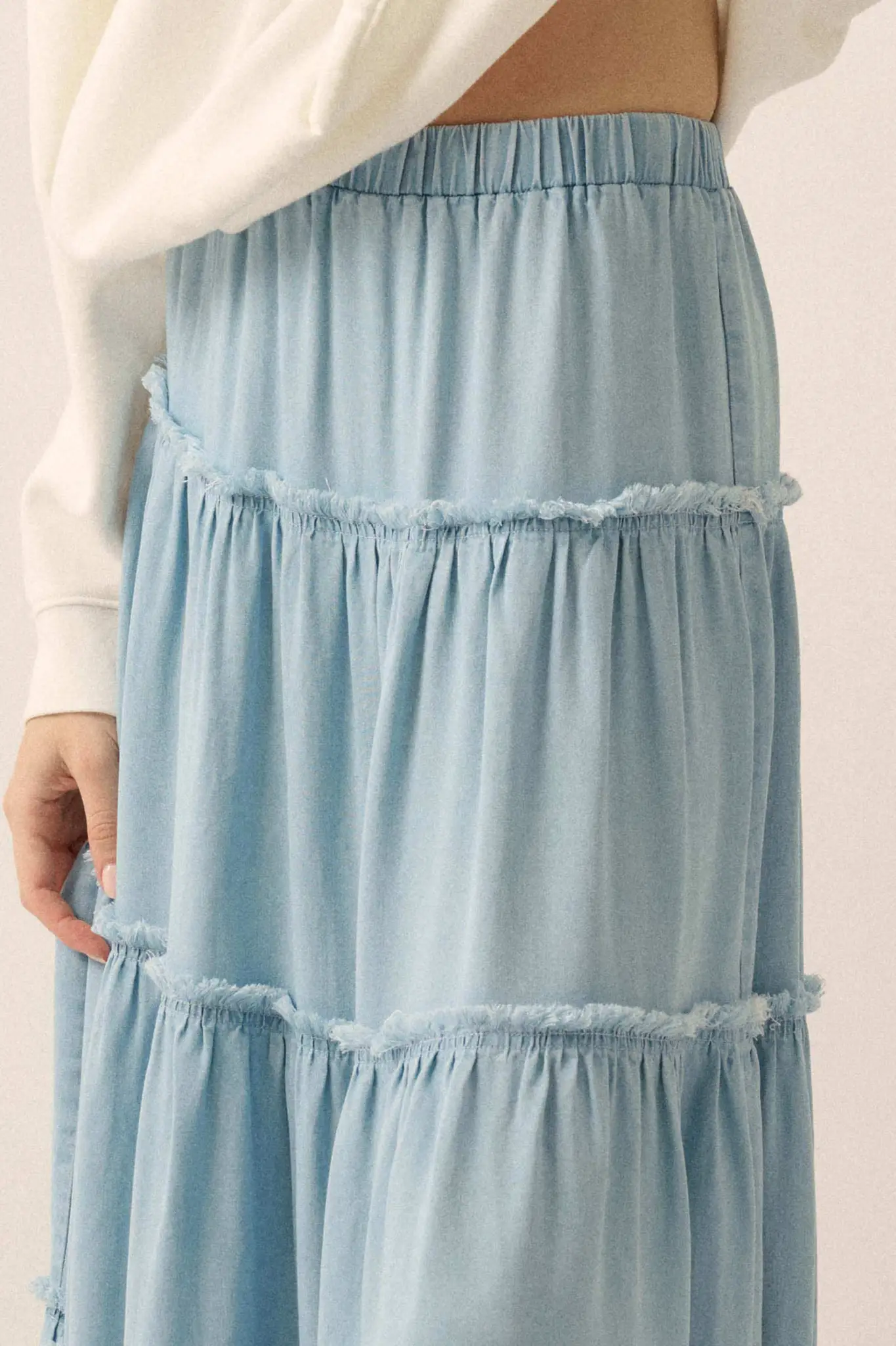 Feeling Blue Denim Raw-Edge Tiered Maxi Skirt - Image 3