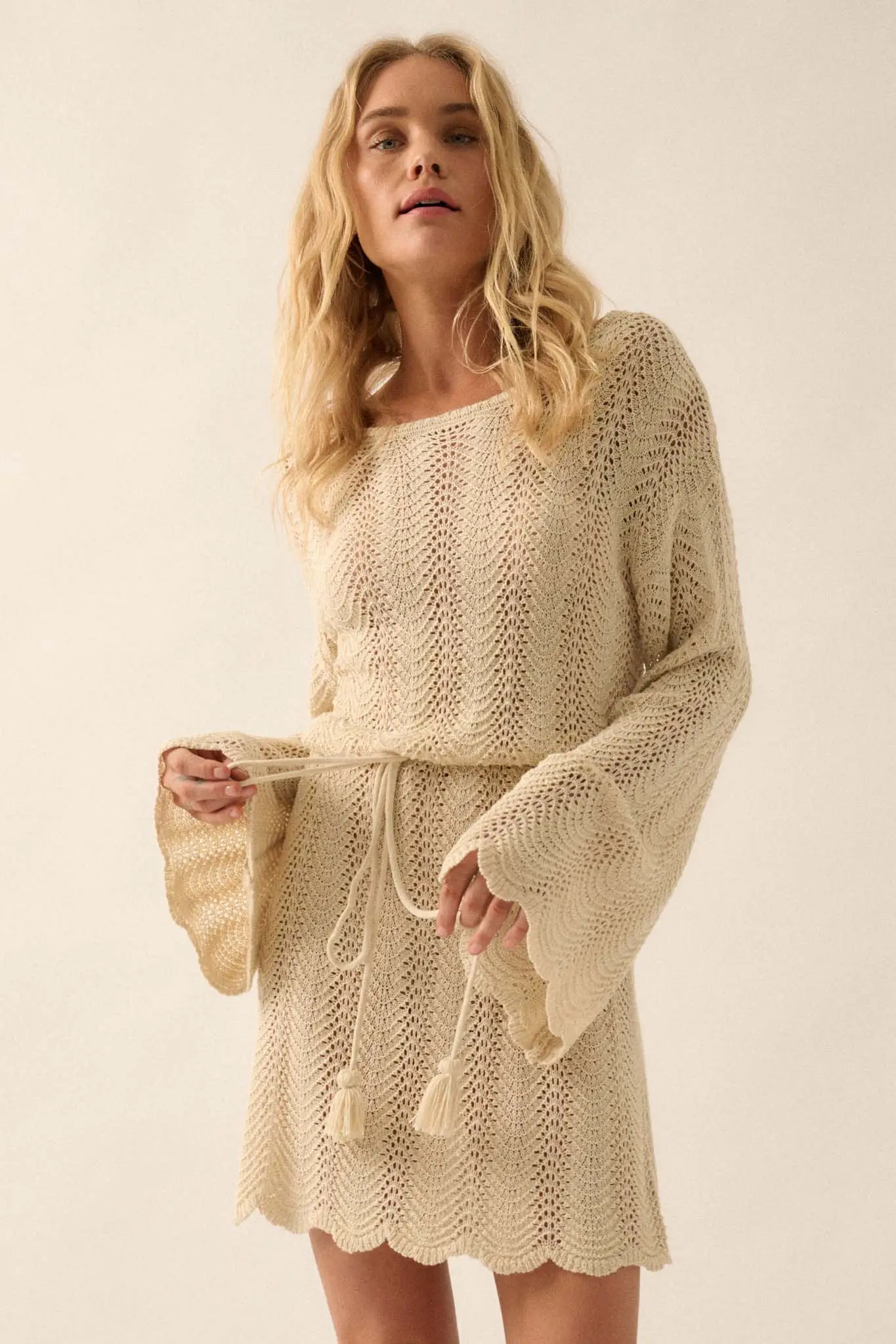 Feeling Fine Crochet Knit Bell-Sleeve Mini Dress - Image 13