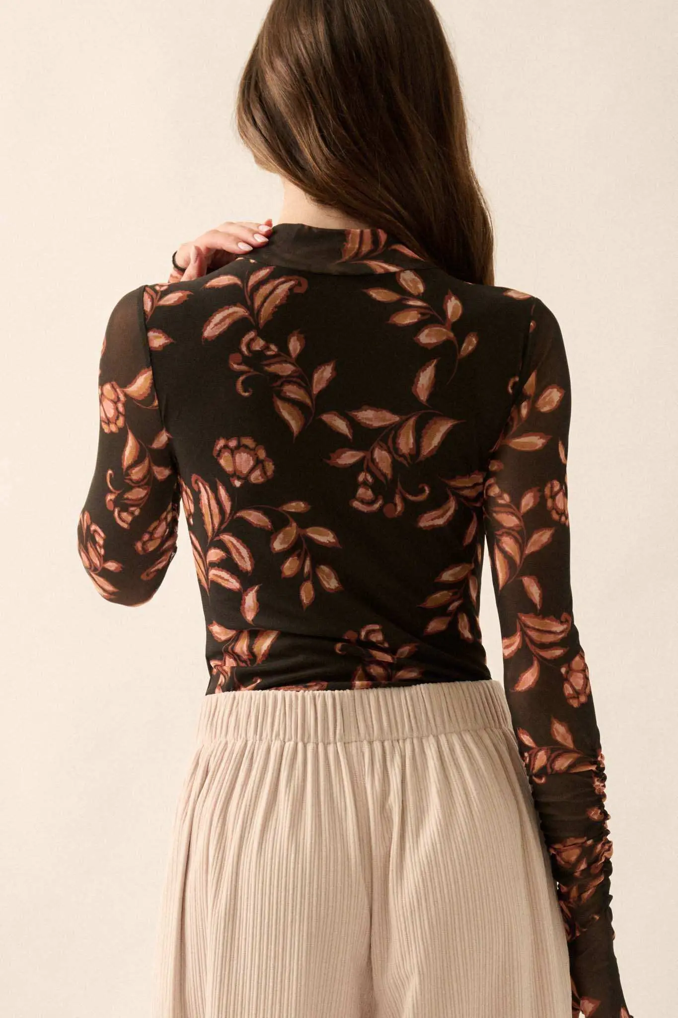 Festive Fall Floral Mesh Thumbhole Bodysuit - Image 2