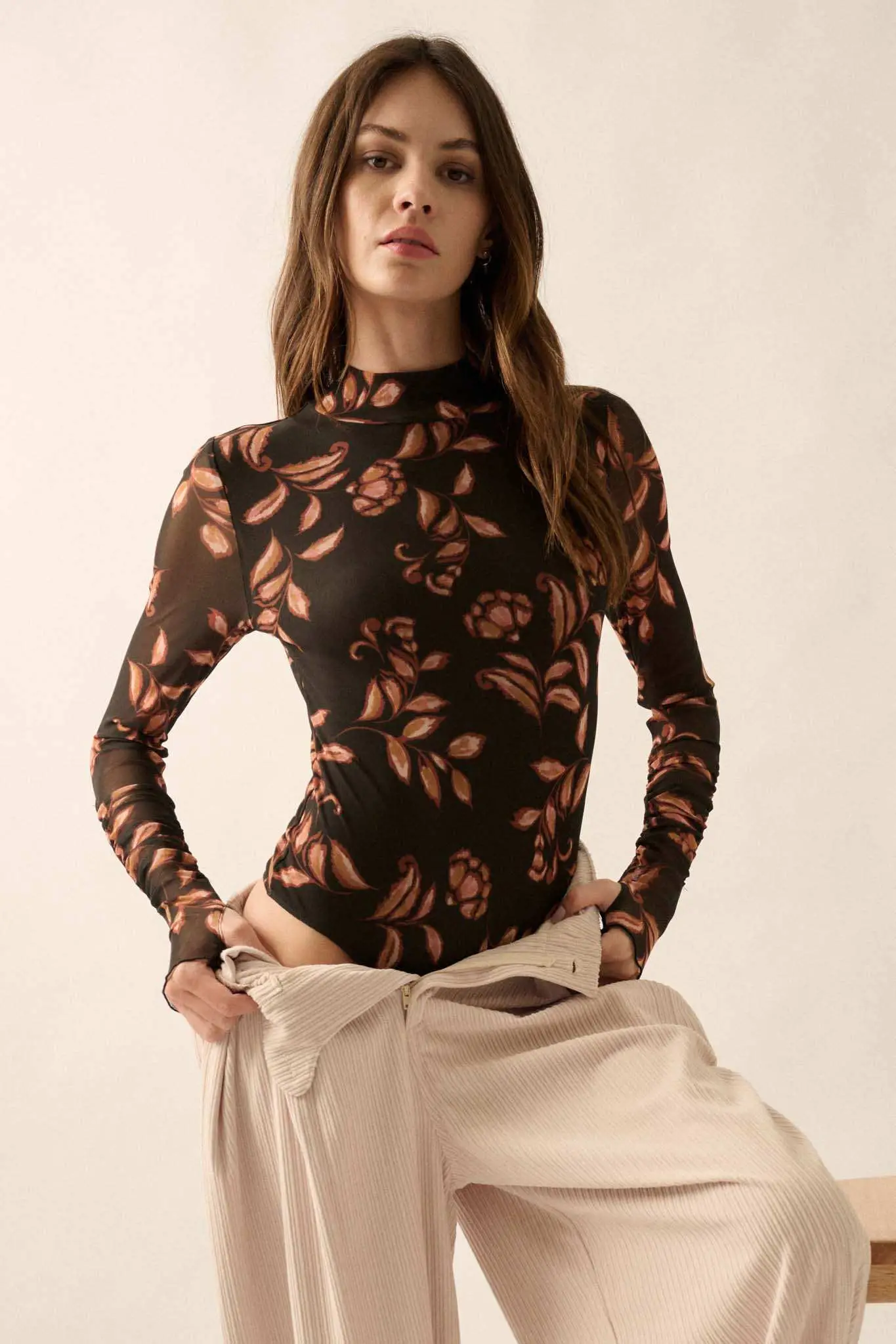 Festive Fall Floral Mesh Thumbhole Bodysuit - Image 3