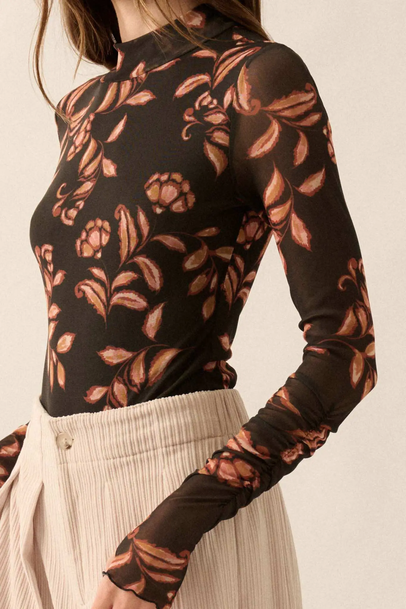 Festive Fall Floral Mesh Thumbhole Bodysuit - Image 4