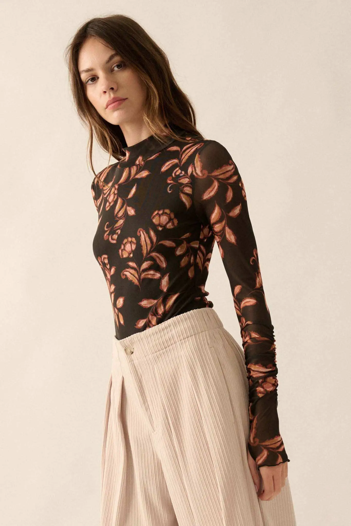 Festive Fall Floral Mesh Thumbhole Bodysuit - Image 6