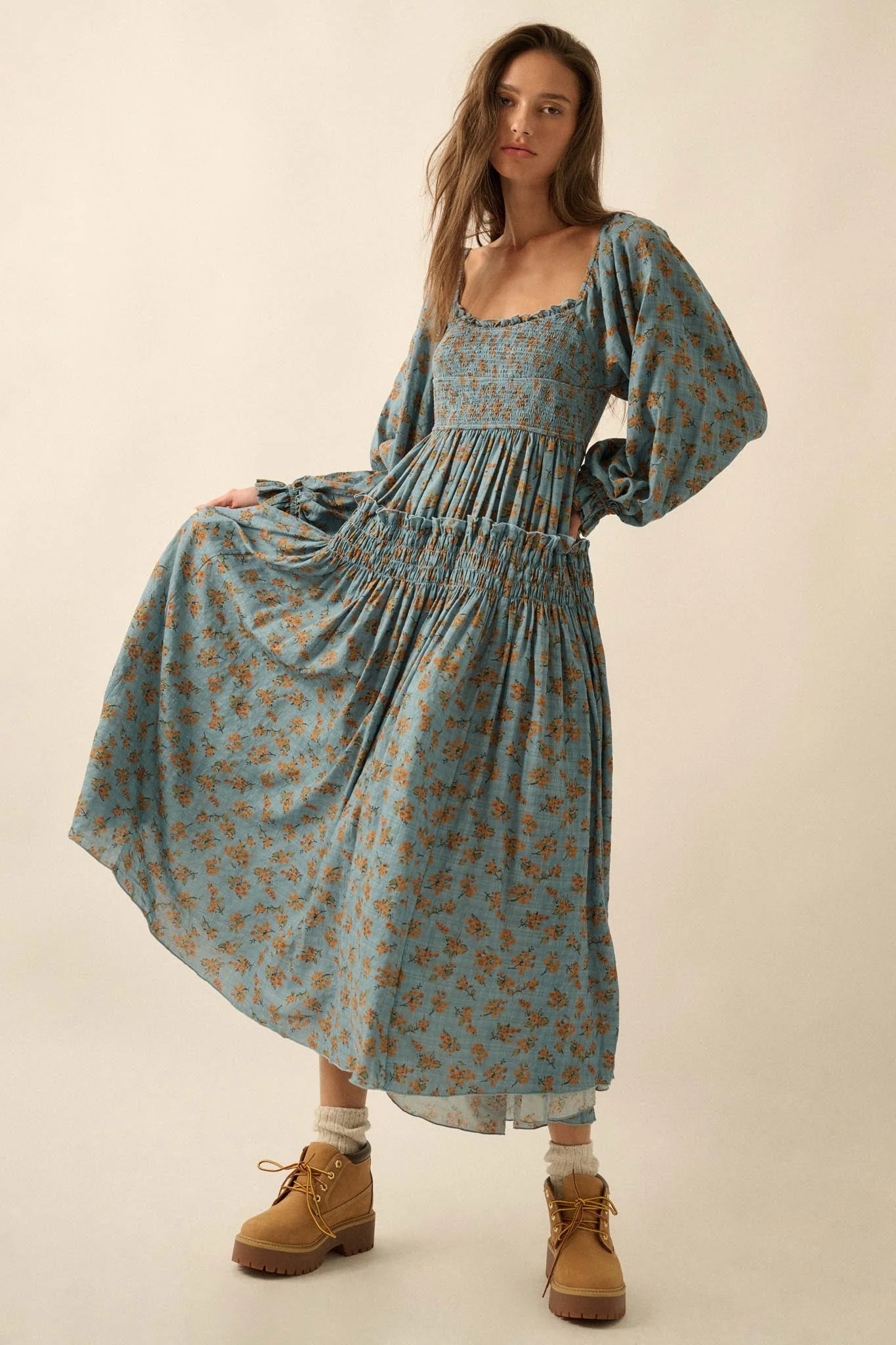 Field Day Floral Plaid Smocked Midi Peasant Dress