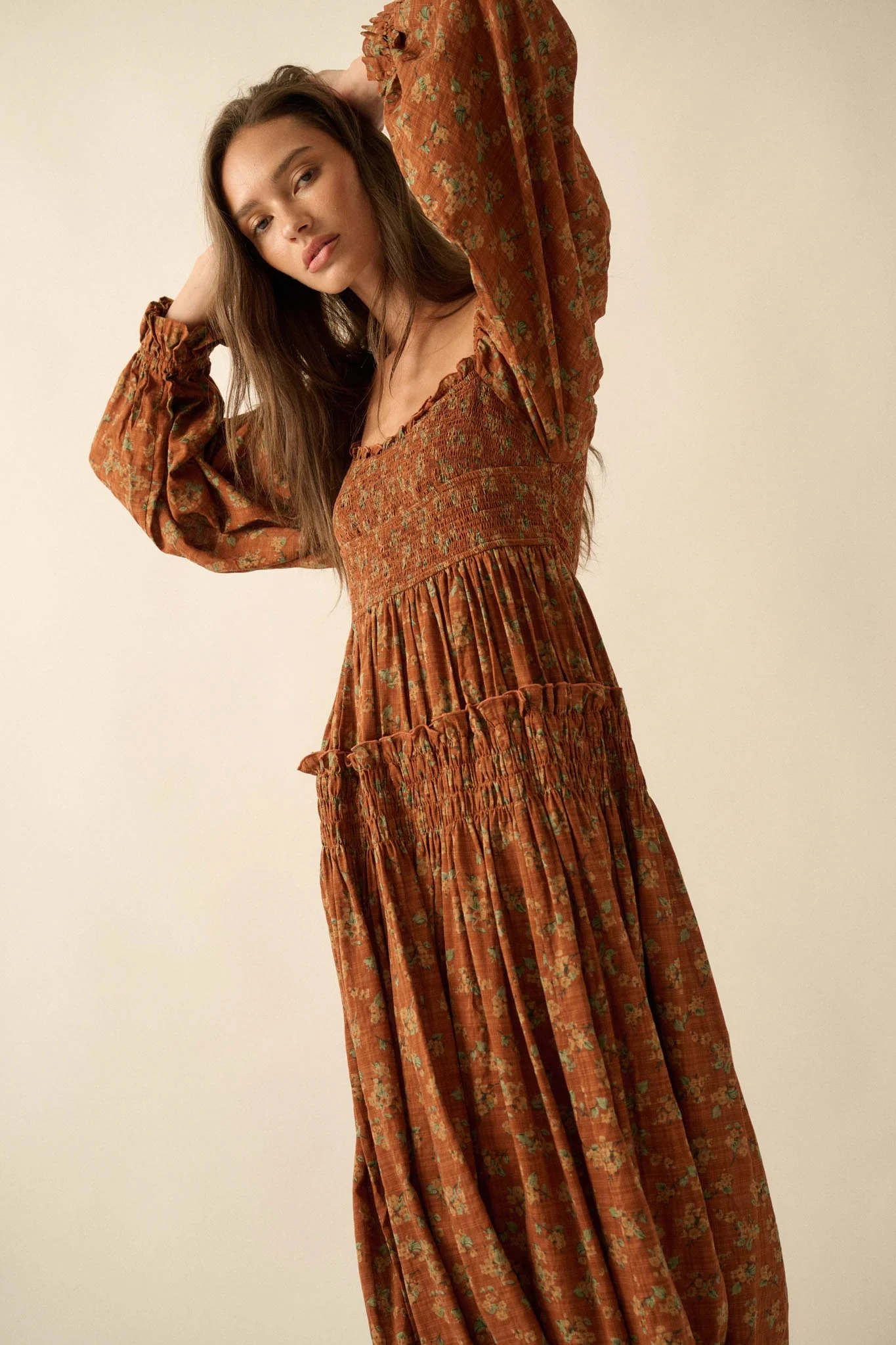 Field Day Floral Plaid Smocked Midi Peasant Dress - Image 10