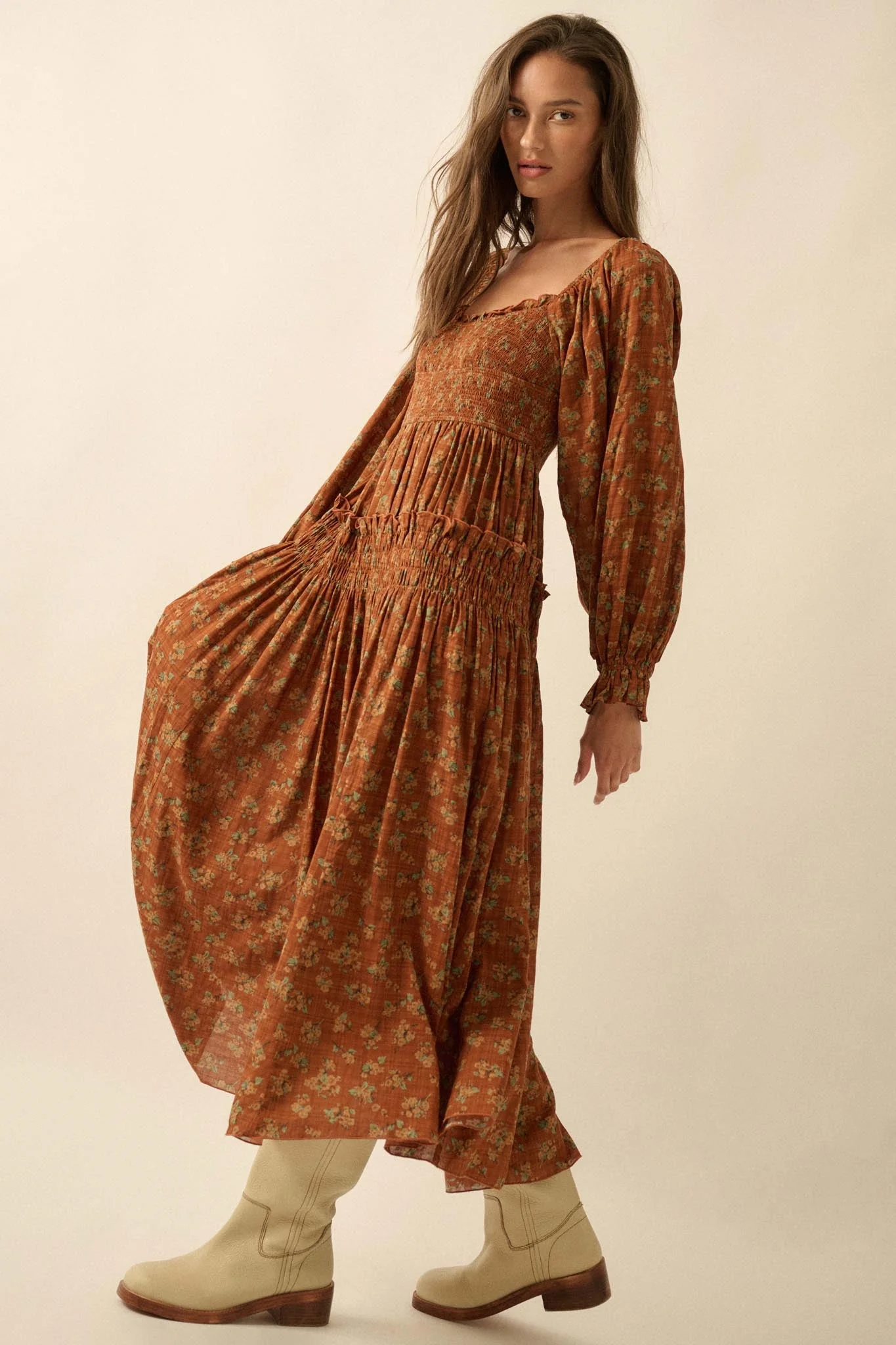 Field Day Floral Plaid Smocked Midi Peasant Dress - Image 11