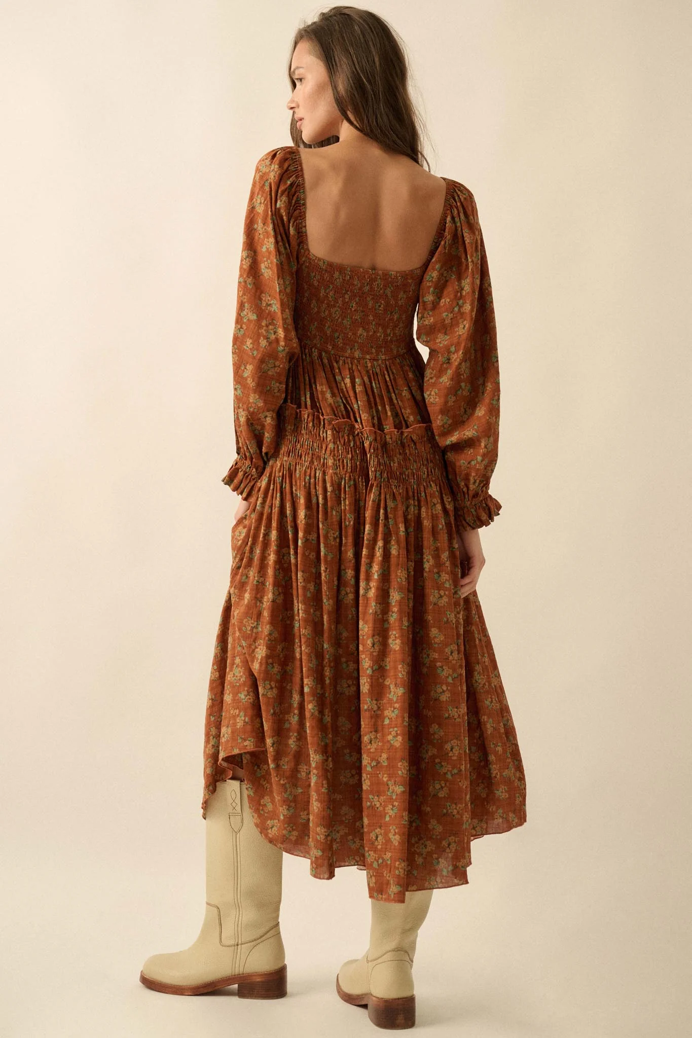 Field Day Floral Plaid Smocked Midi Peasant Dress - Image 12