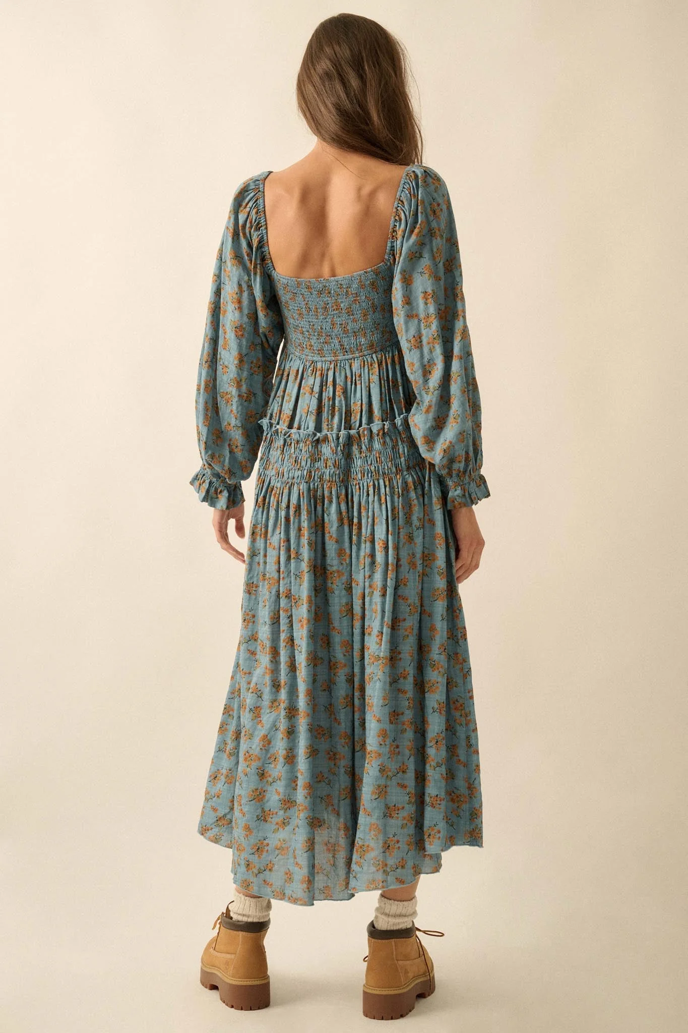 Field Day Floral Plaid Smocked Midi Peasant Dress - Image 2