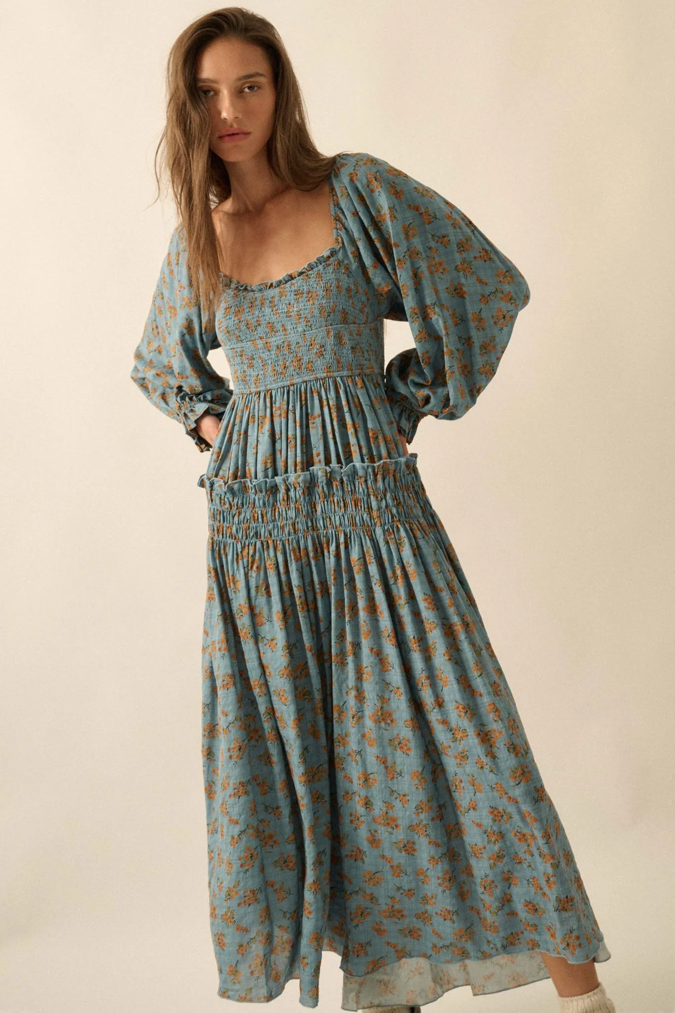 Field Day Floral Plaid Smocked Midi Peasant Dress - Image 3