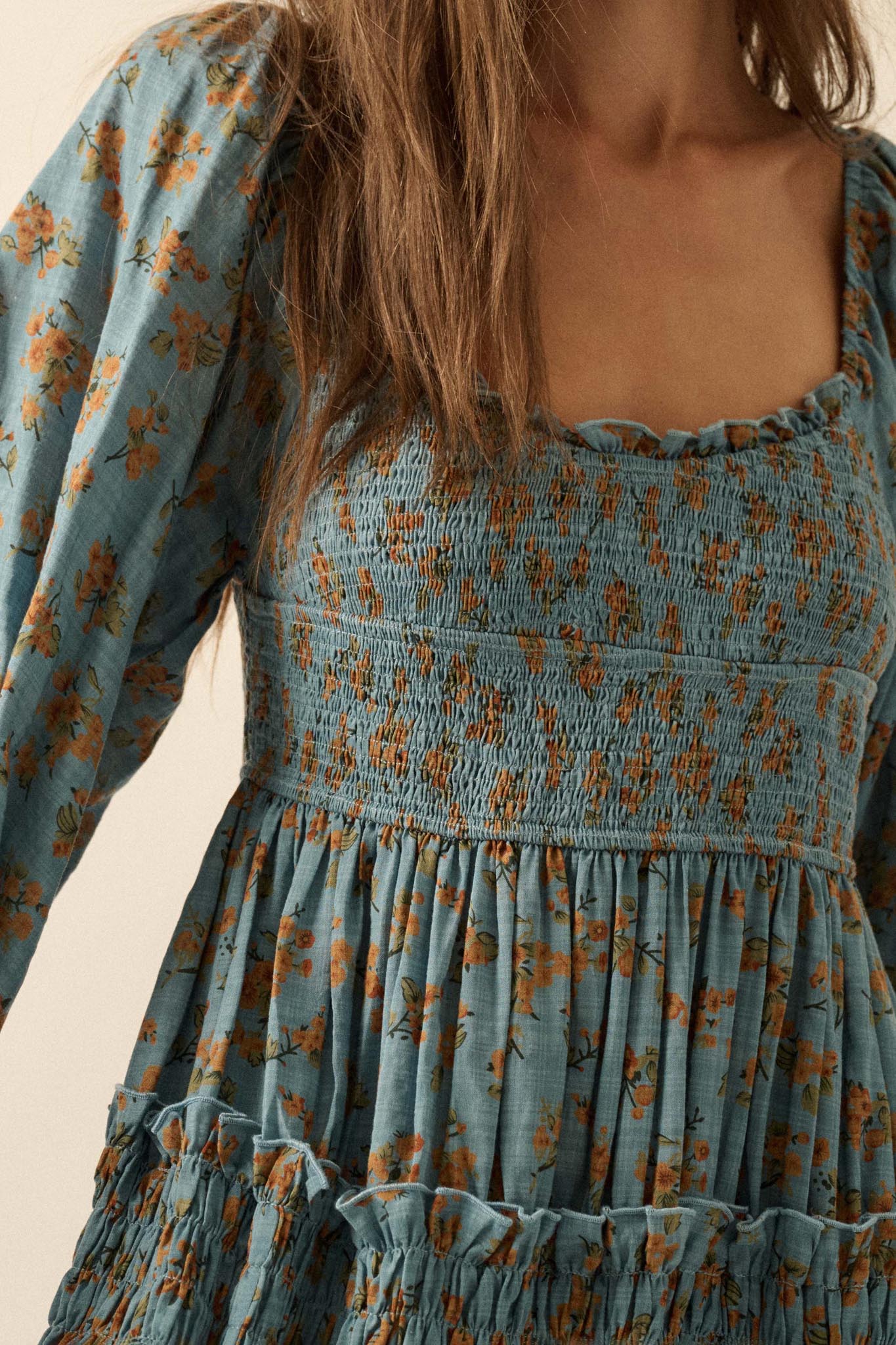 Field Day Floral Plaid Smocked Midi Peasant Dress - Image 4