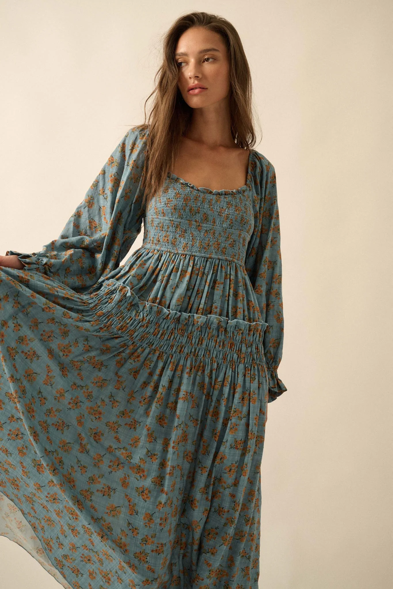 Field Day Floral Plaid Smocked Midi Peasant Dress - Image 5