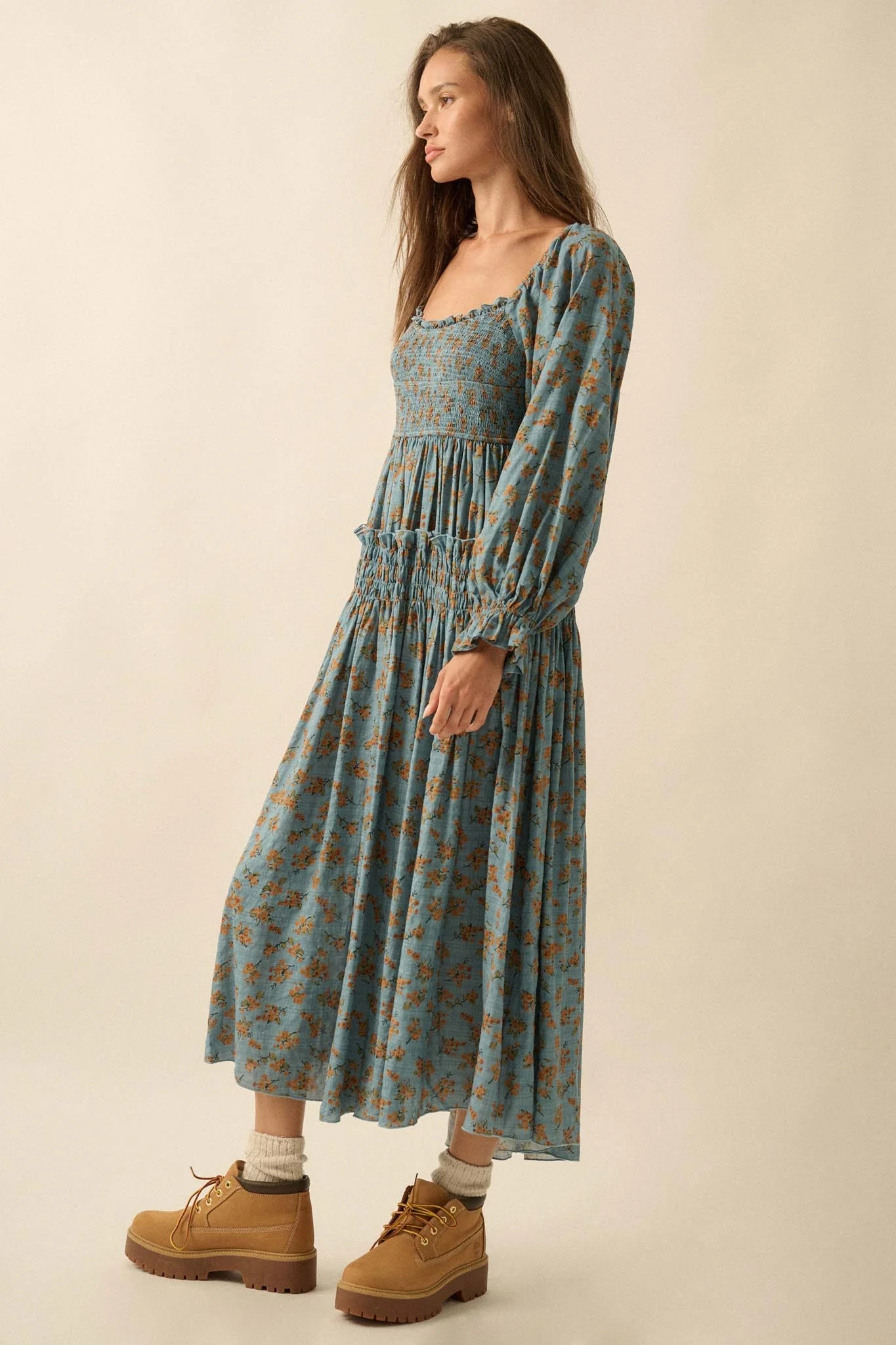 Field Day Floral Plaid Smocked Midi Peasant Dress - Image 6