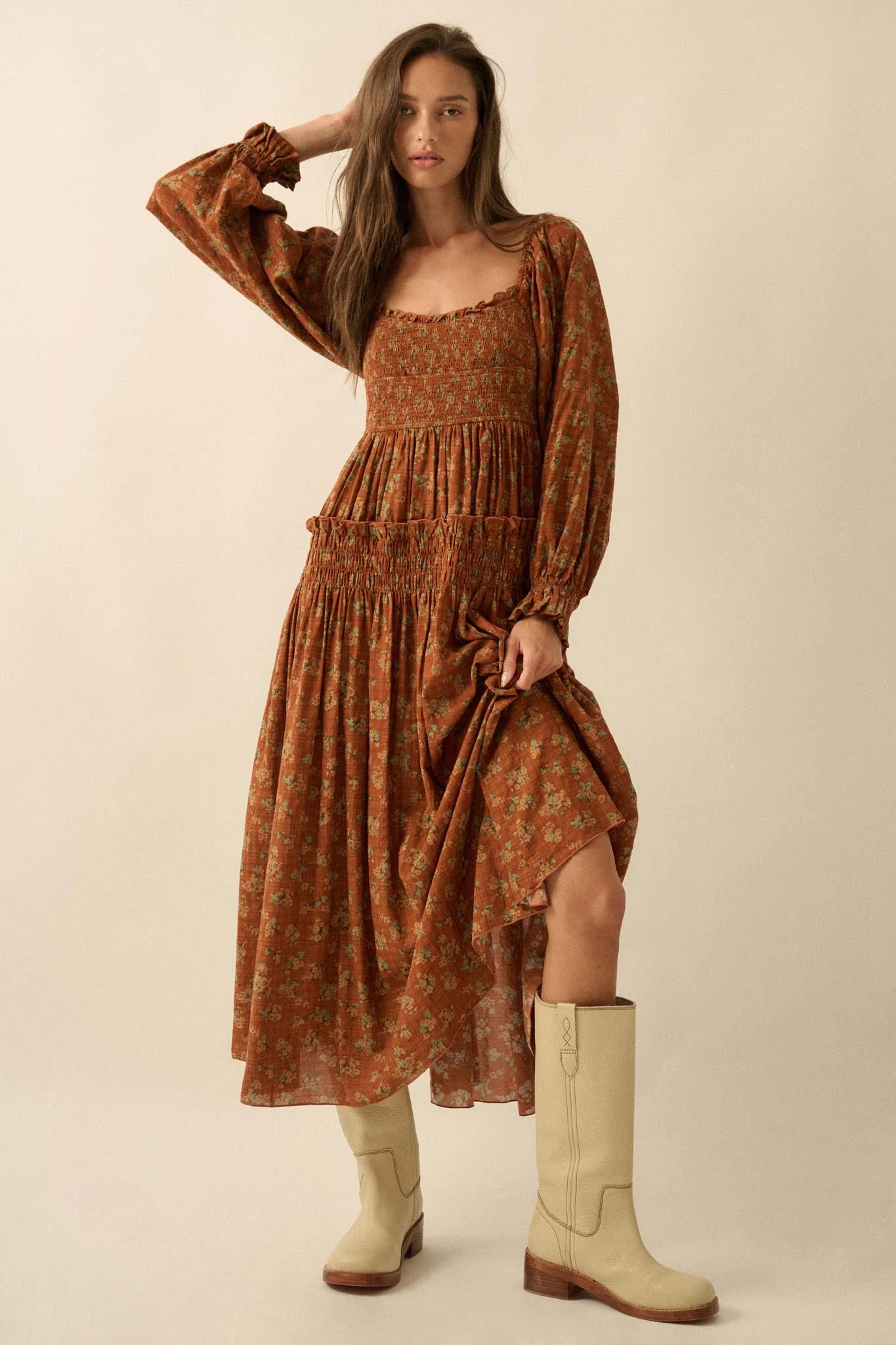 Field Day Floral Plaid Smocked Midi Peasant Dress - Image 7
