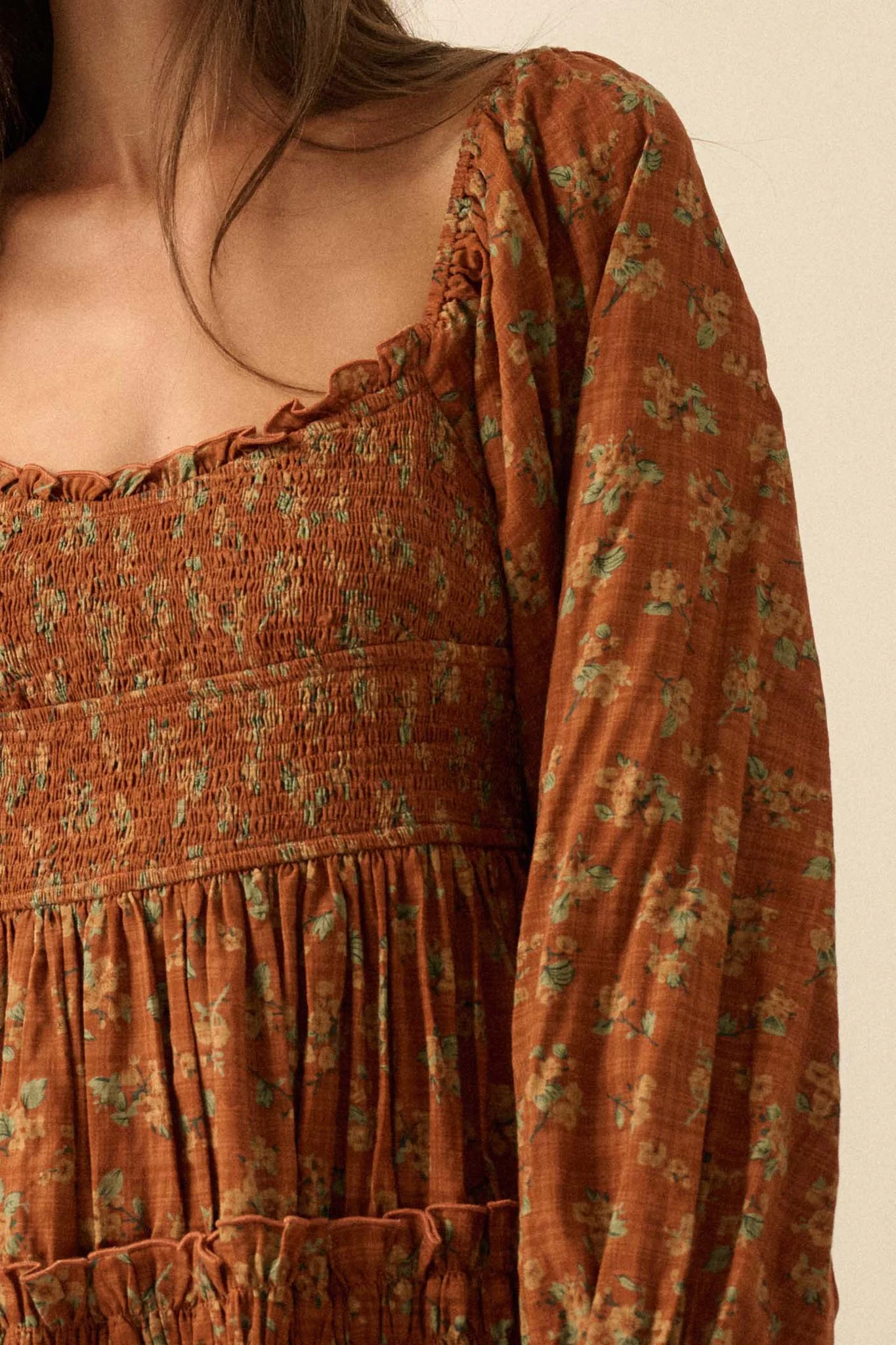 Field Day Floral Plaid Smocked Midi Peasant Dress - Image 8