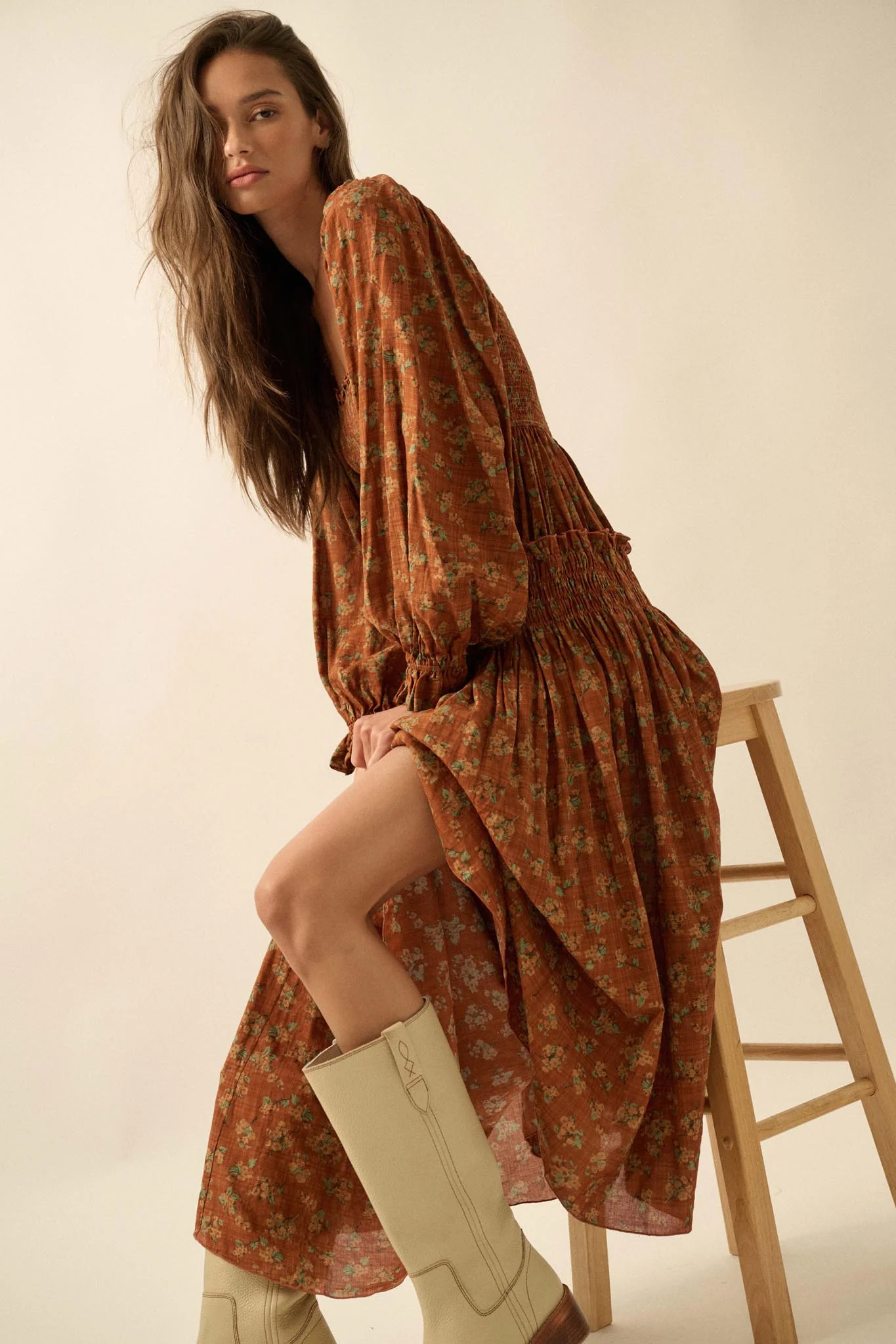 Field Day Floral Plaid Smocked Midi Peasant Dress - Image 9