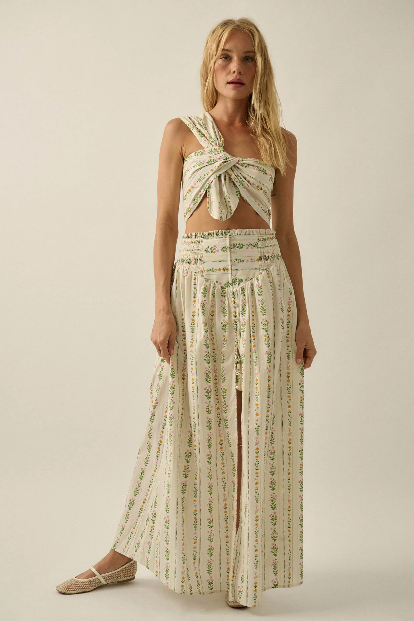 Fields in Bloom Floral-Stripe Button-Up Maxi Skirt - Image 13