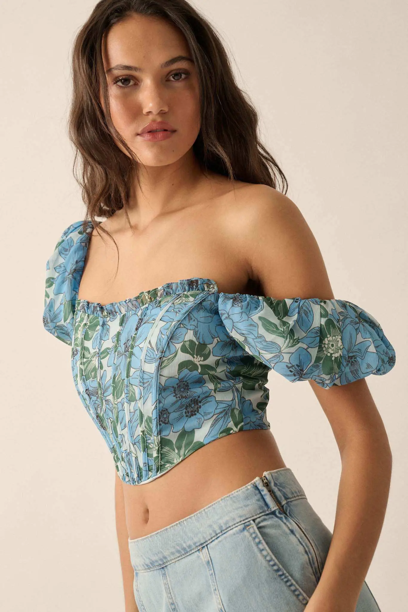Fiji Feeling Floral Chiffon Puff-Sleeve Corset Top - Image 11