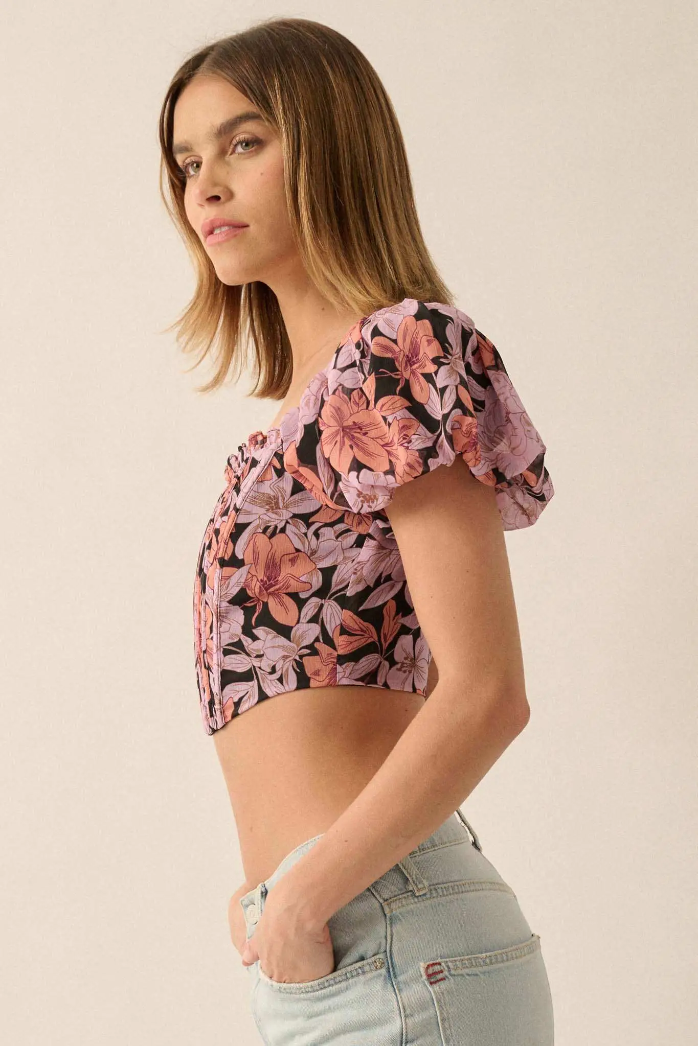 Fiji Feeling Floral Chiffon Puff-Sleeve Corset Top - Image 7