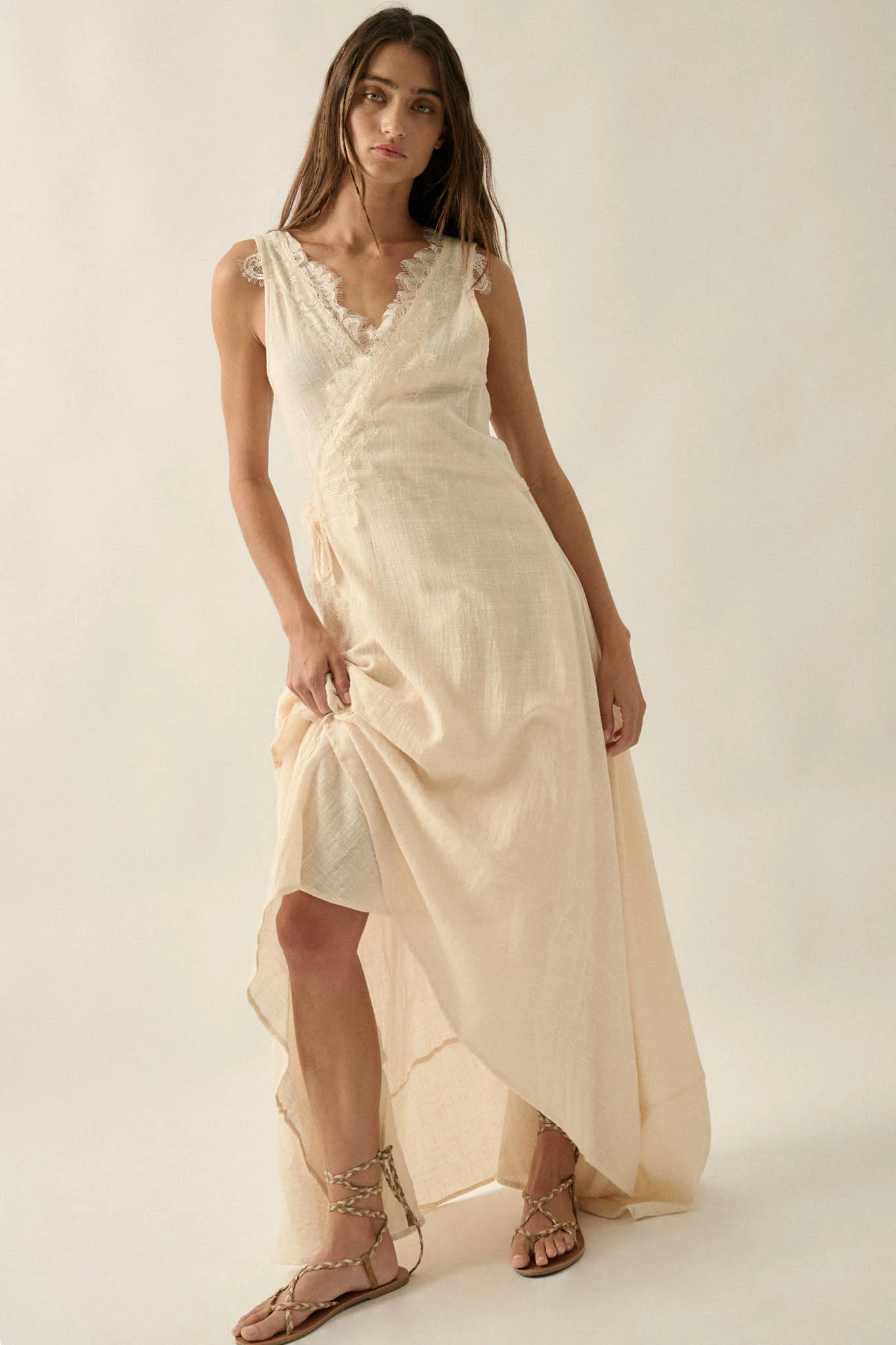 Finally Free Cotton Gauze and Lace Wrap Maxi Dress - Image 4