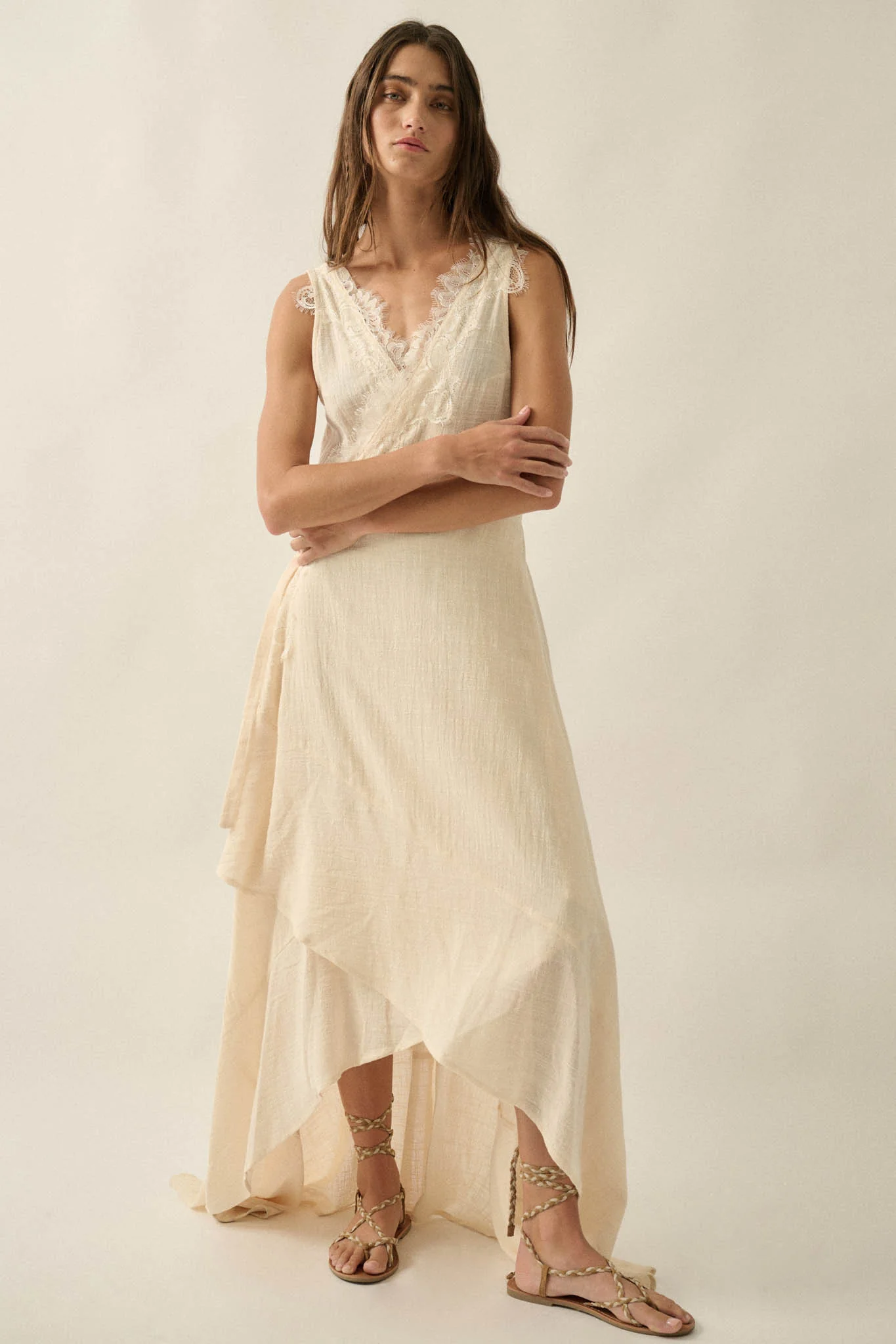 Finally Free Cotton Gauze and Lace Wrap Maxi Dress - Image 6