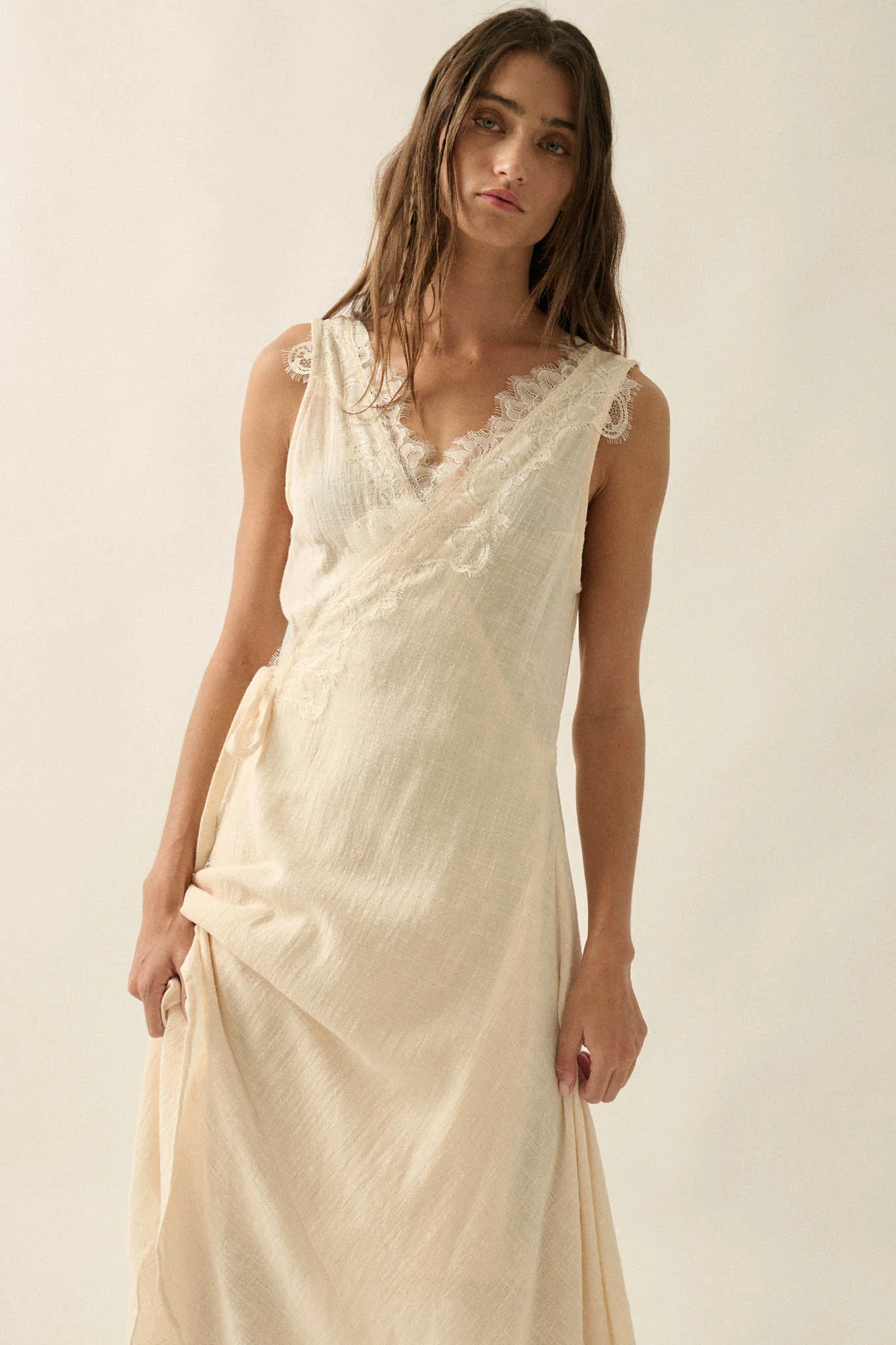 Finally Free Cotton Gauze and Lace Wrap Maxi Dress - Image 7