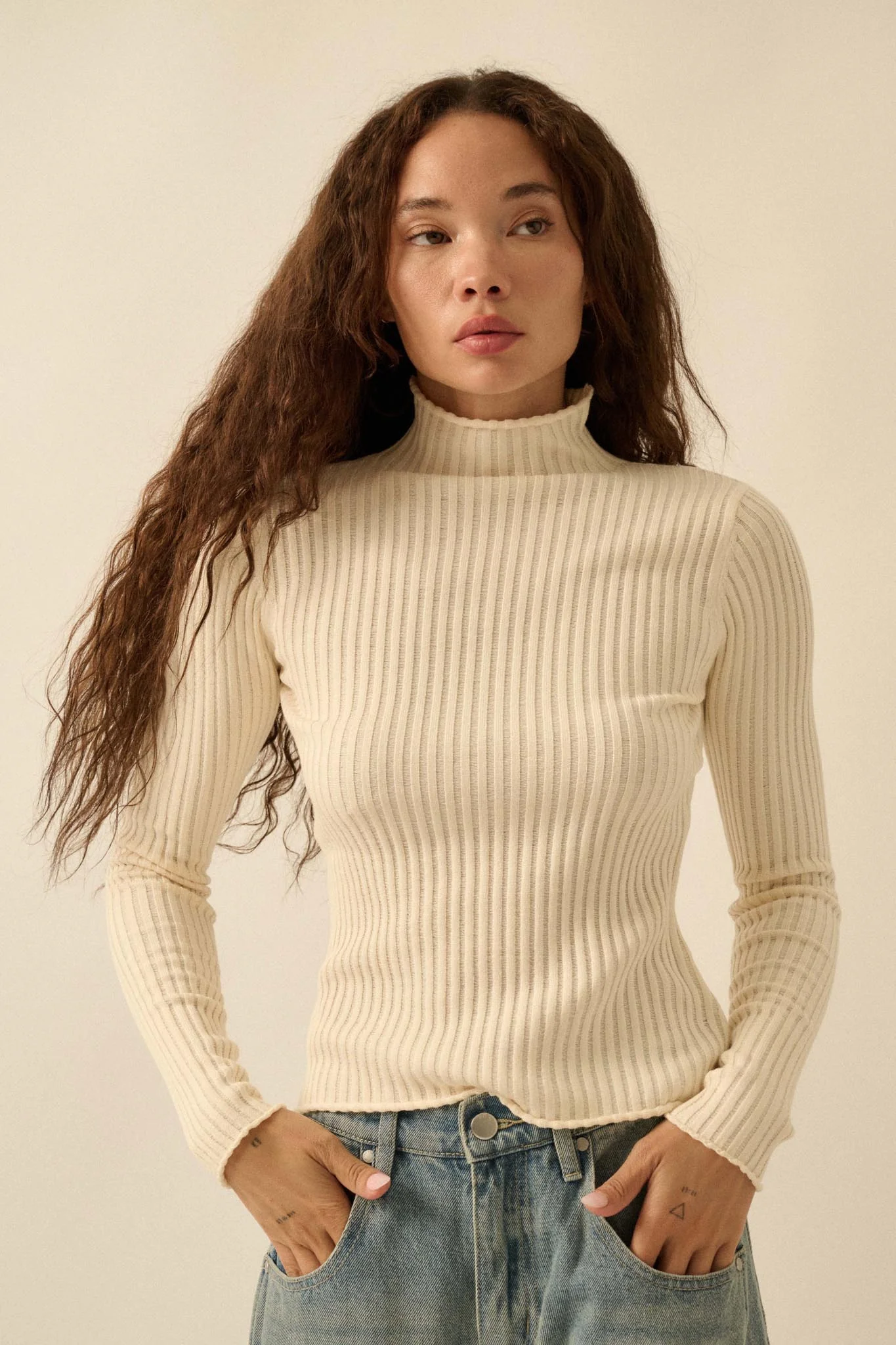 Finer Things Semi-Sheer Rib-Knit Mock-Neck Top - Image 4