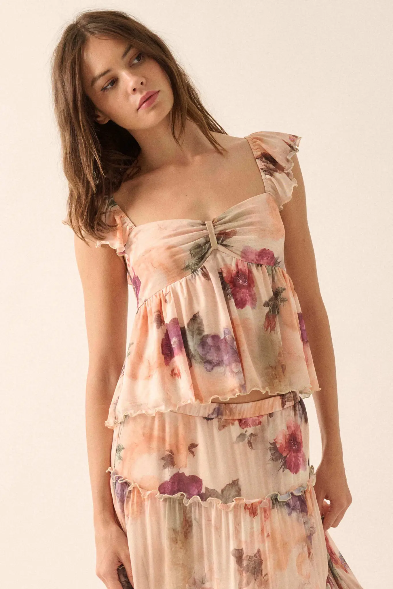 First Blush Floral Mesh Ruffle Babydoll Cami Top