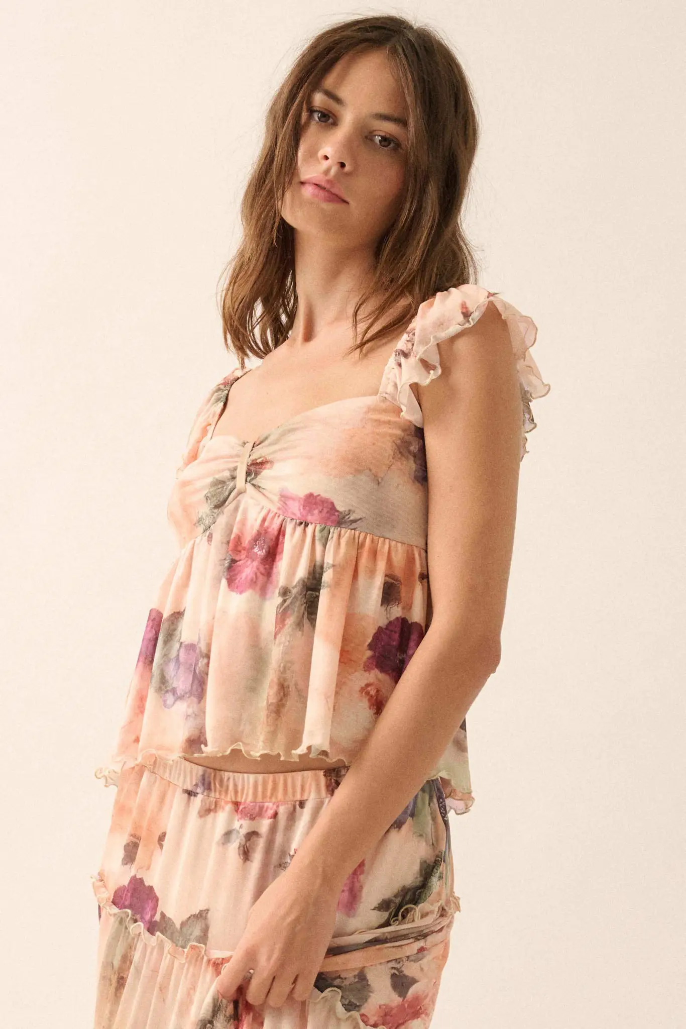First Blush Floral Mesh Ruffle Babydoll Cami Top - Image 3