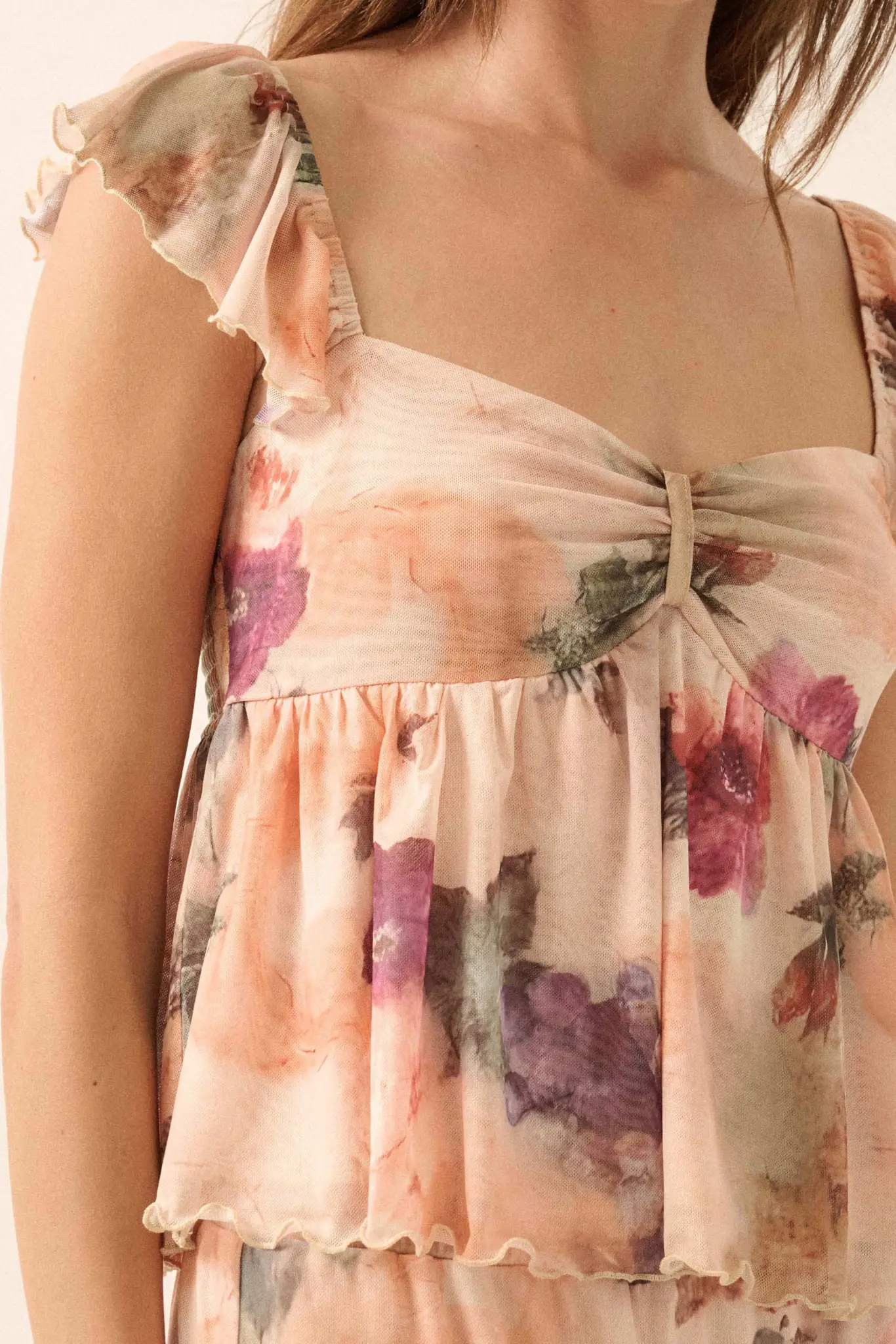 First Blush Floral Mesh Ruffle Babydoll Cami Top - Image 4
