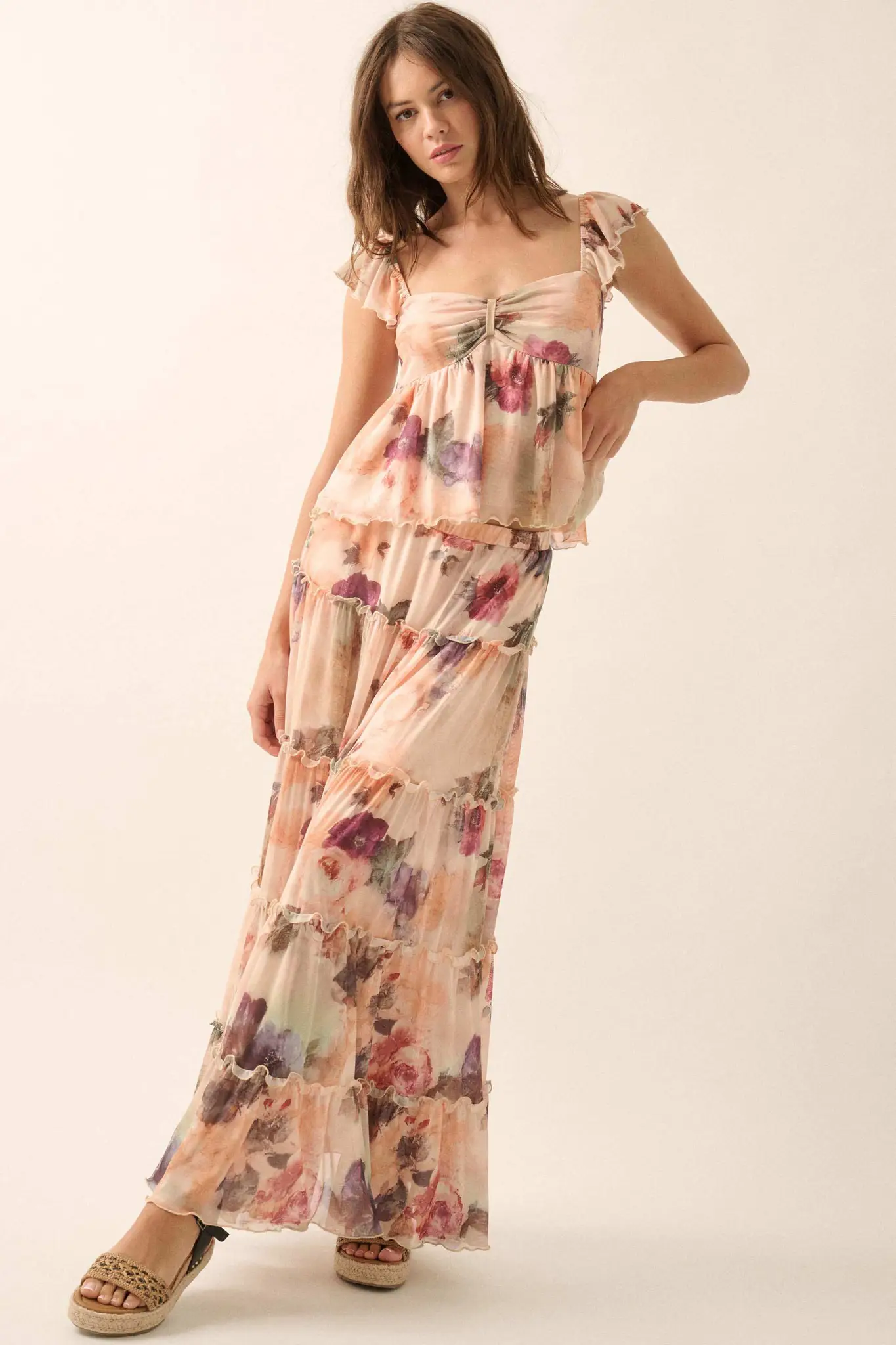 First Blush Floral Mesh Ruffle Babydoll Cami Top - Image 5